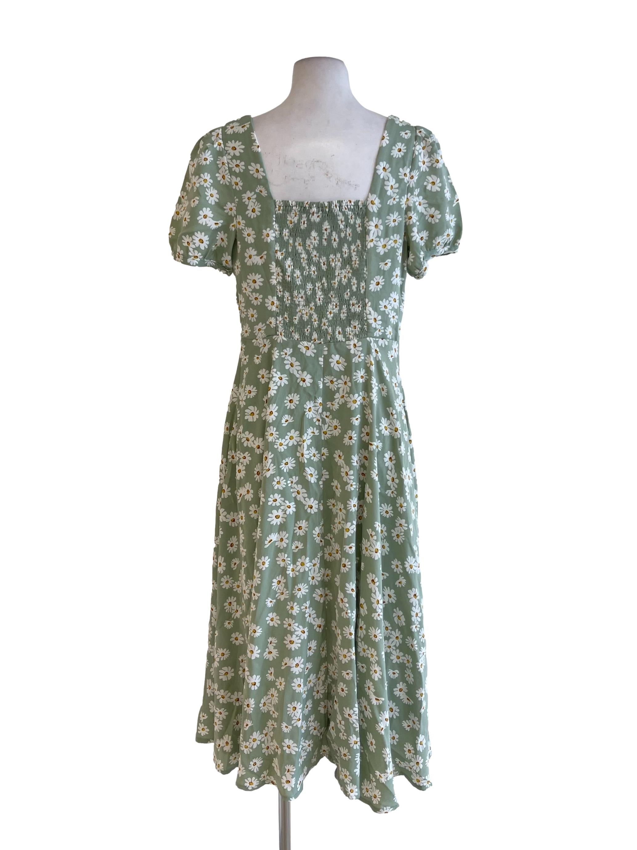 Soft Green Floral V Neck Peasant Dress