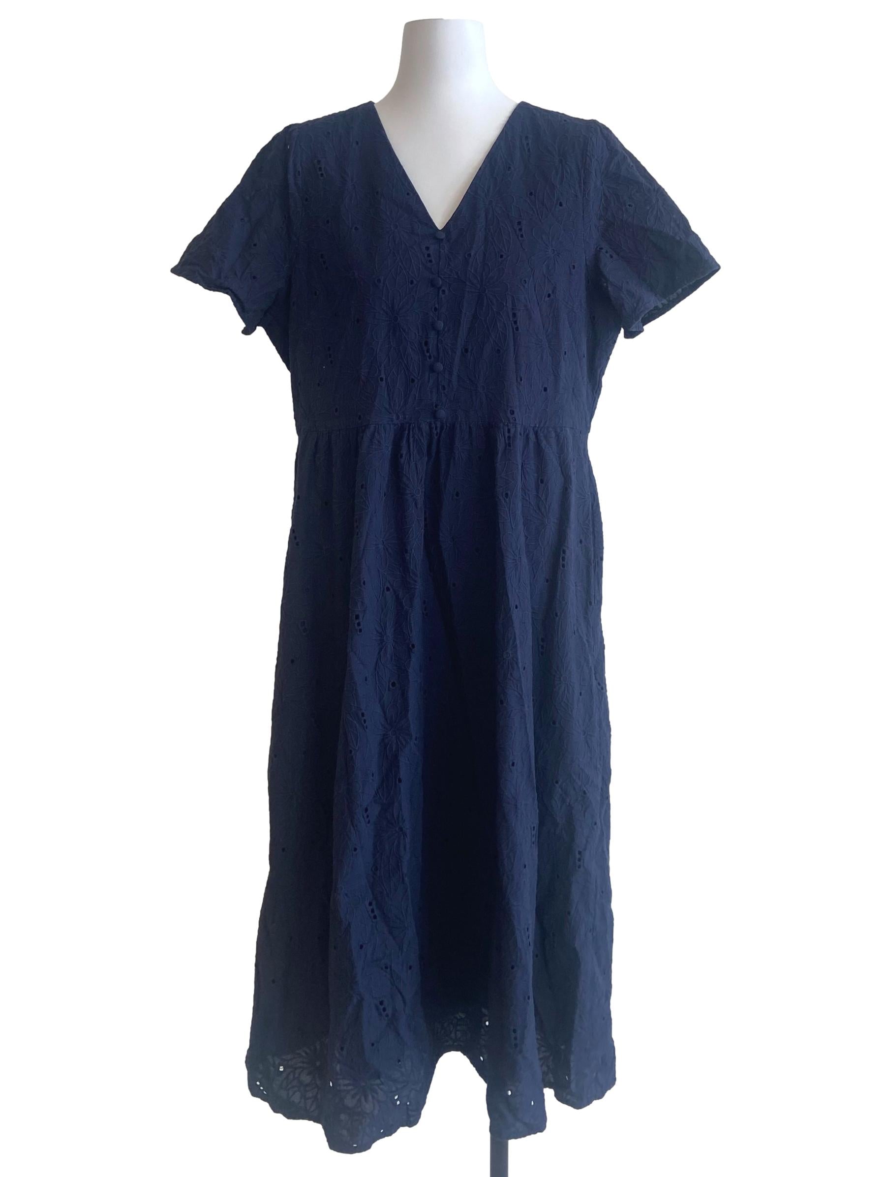 Navy Blue Floral Embroidery A-Line Dress