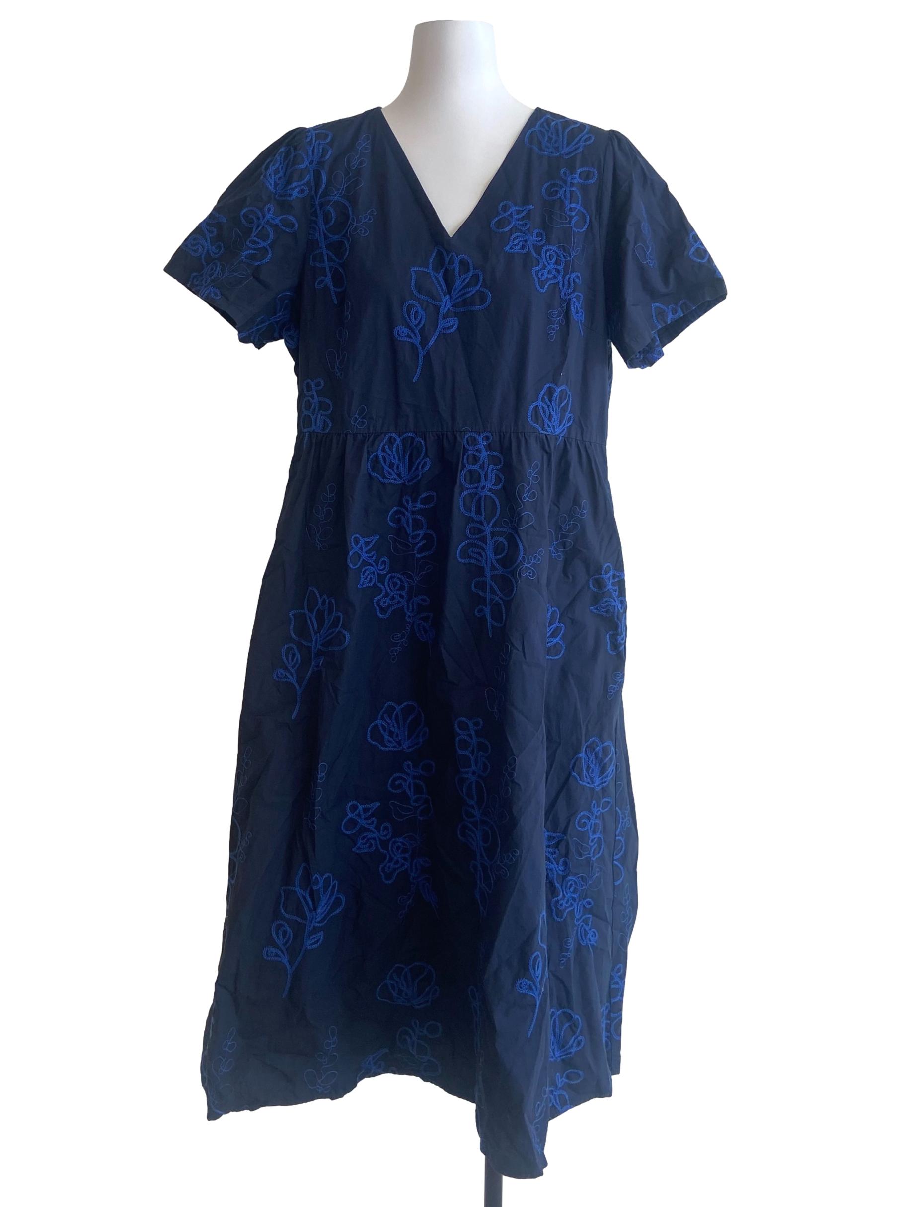 Navy Blue Floral V Neck A-Line Dress