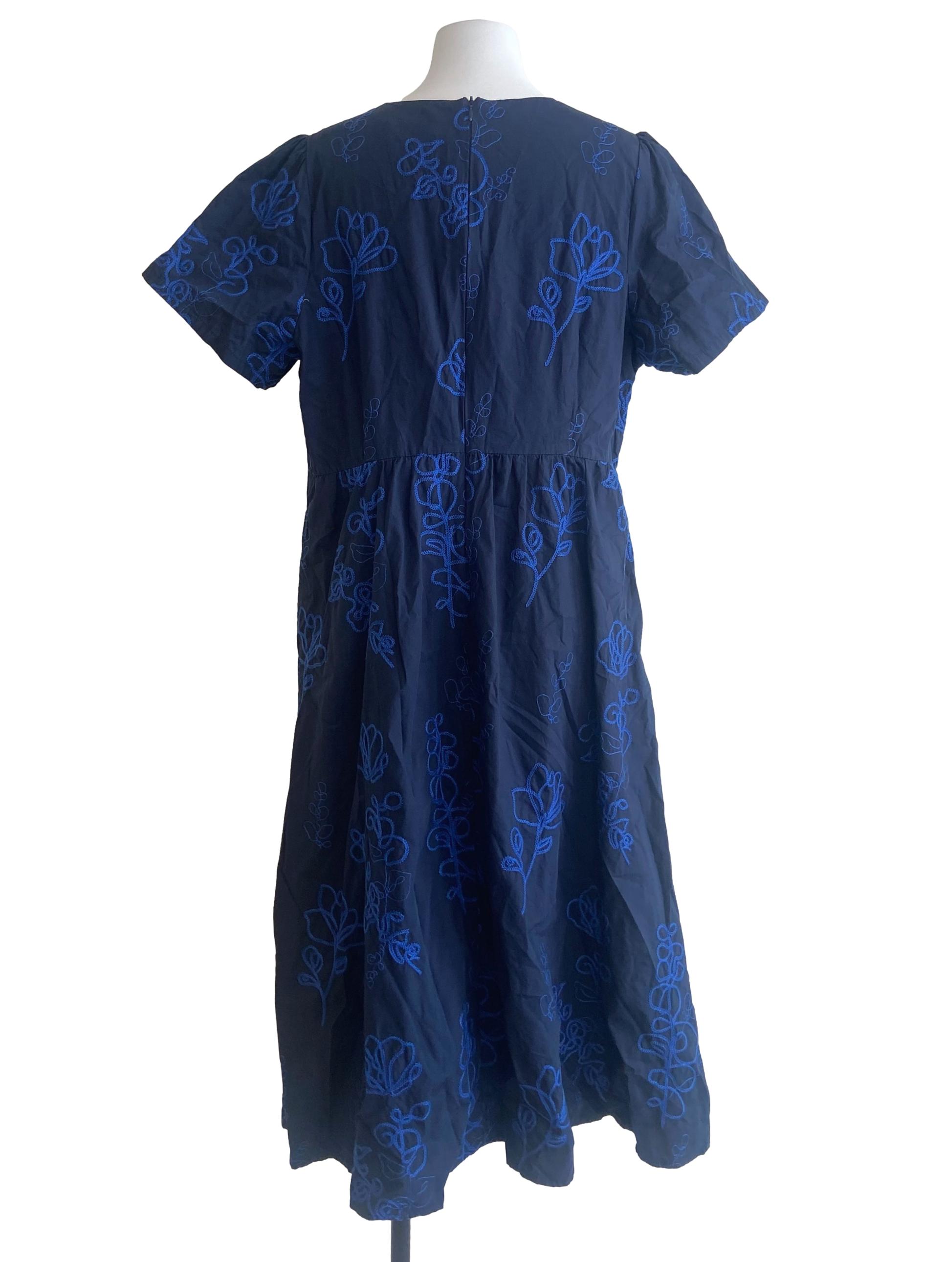 Navy Blue Floral V Neck A-Line Dress