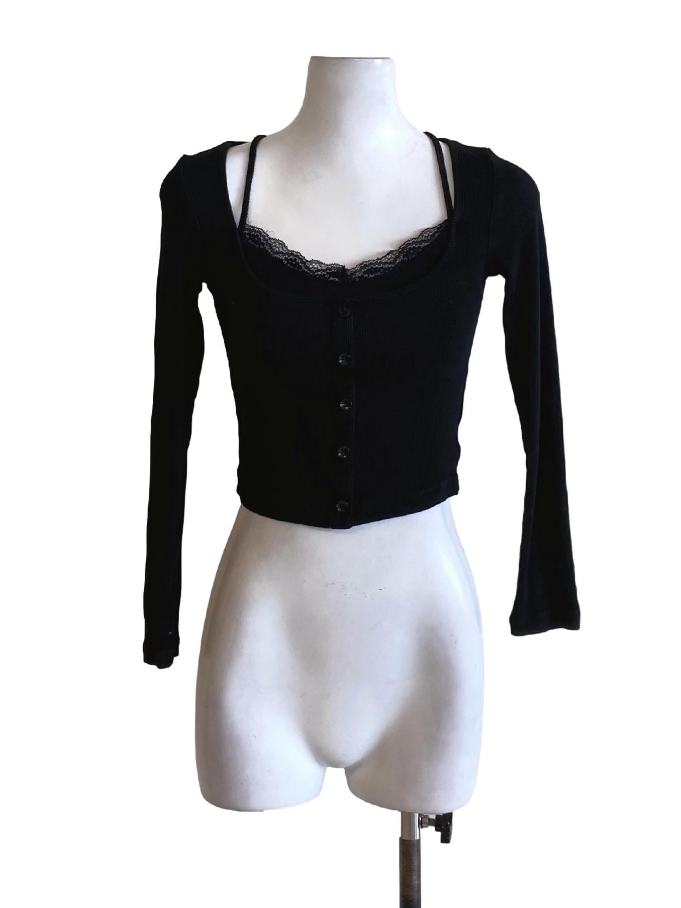 Jade Black Lace Detail Buttoned Down Fit Cropped Top