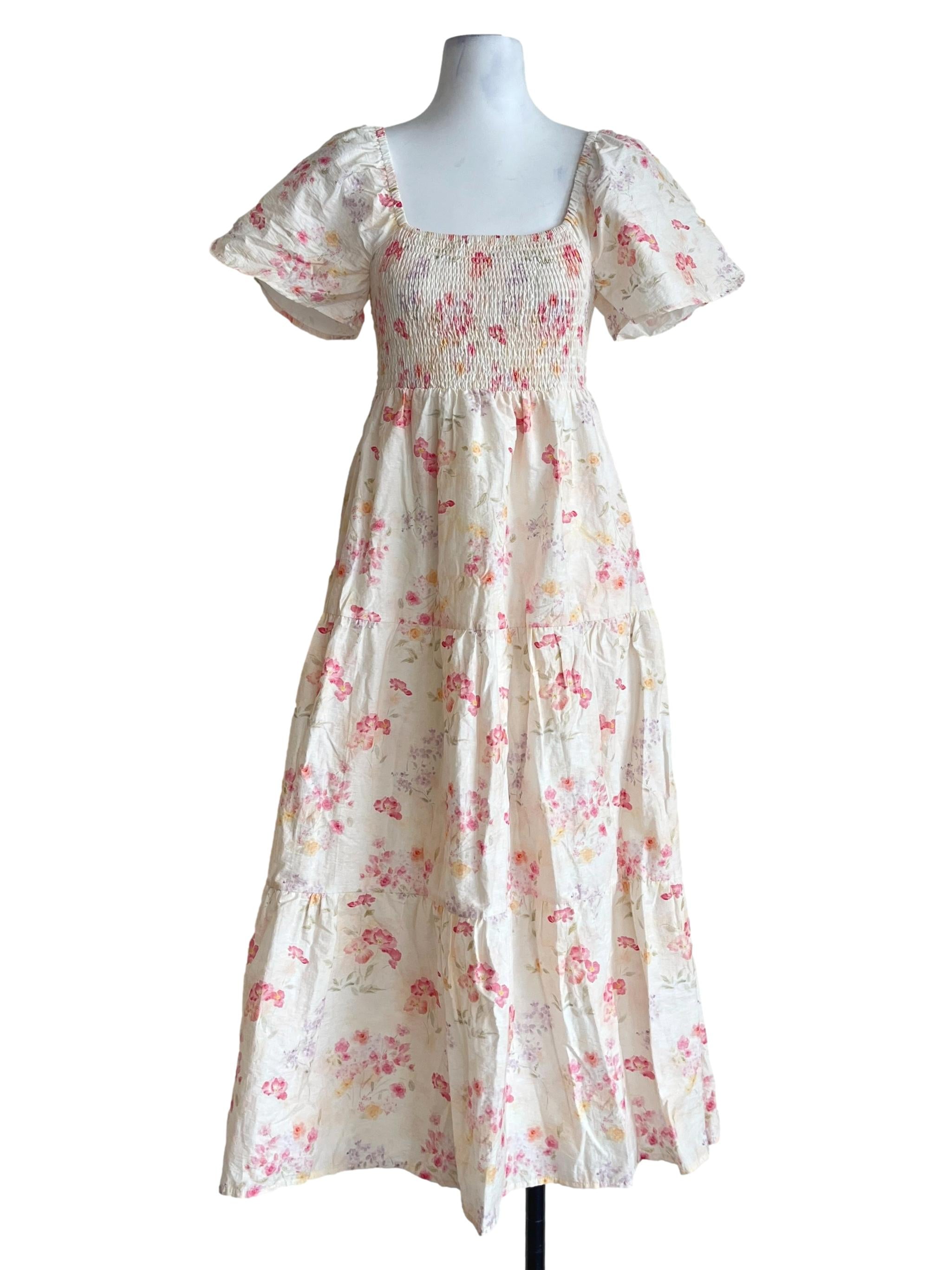 White Peach Pink Square Tiered Dress