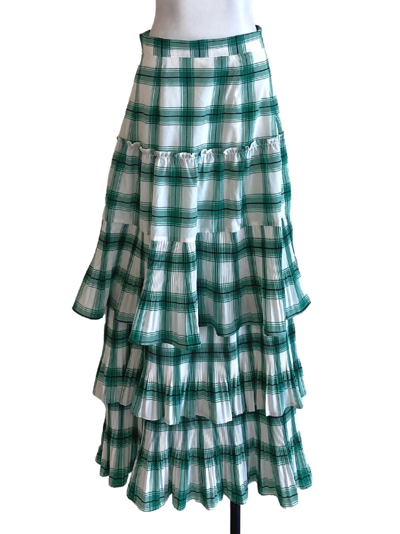 Emerald Green Plaid Flowy Long Tiered Skirt LB