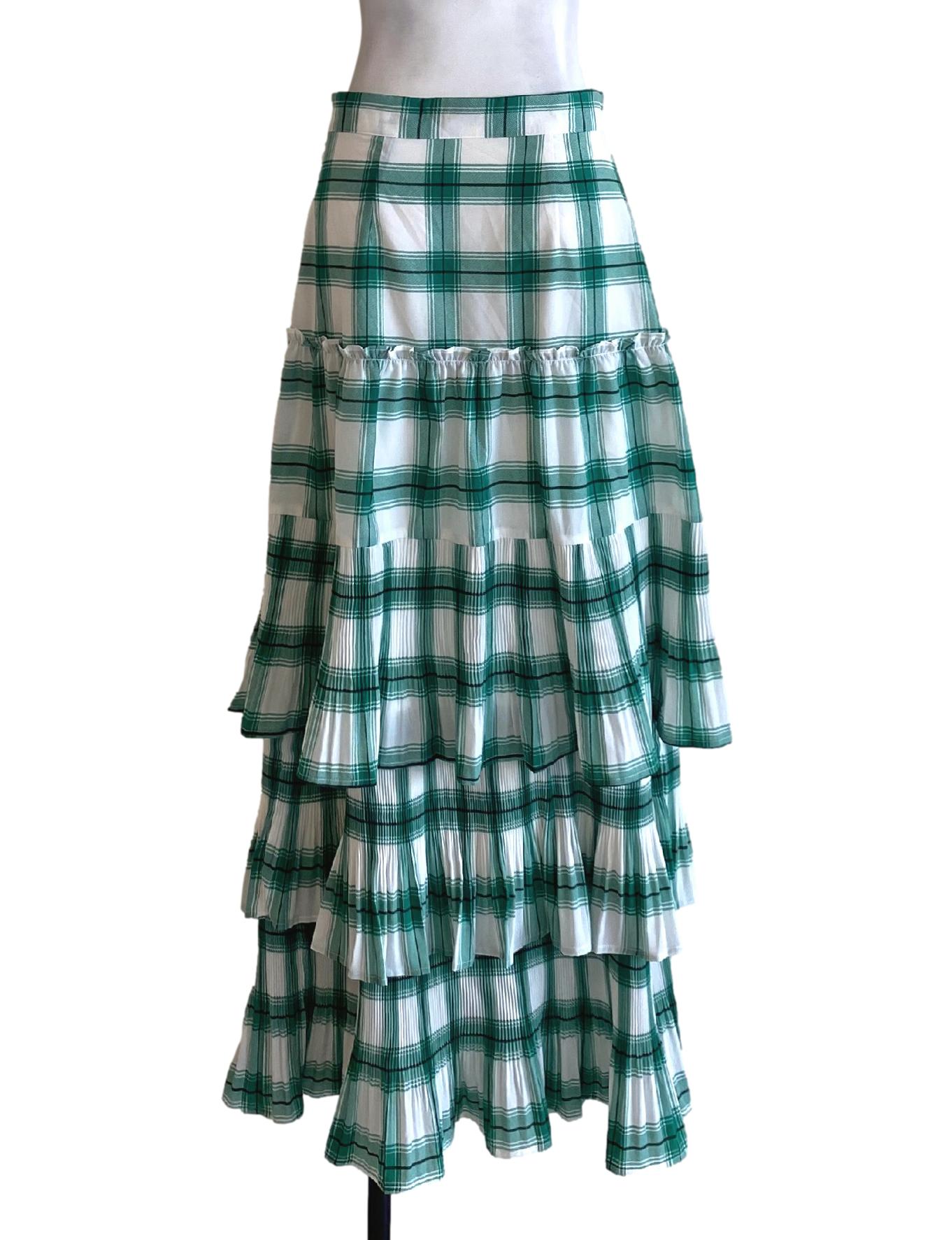 Emerald Green Plaid Flowy Long Tiered Skirt LB
