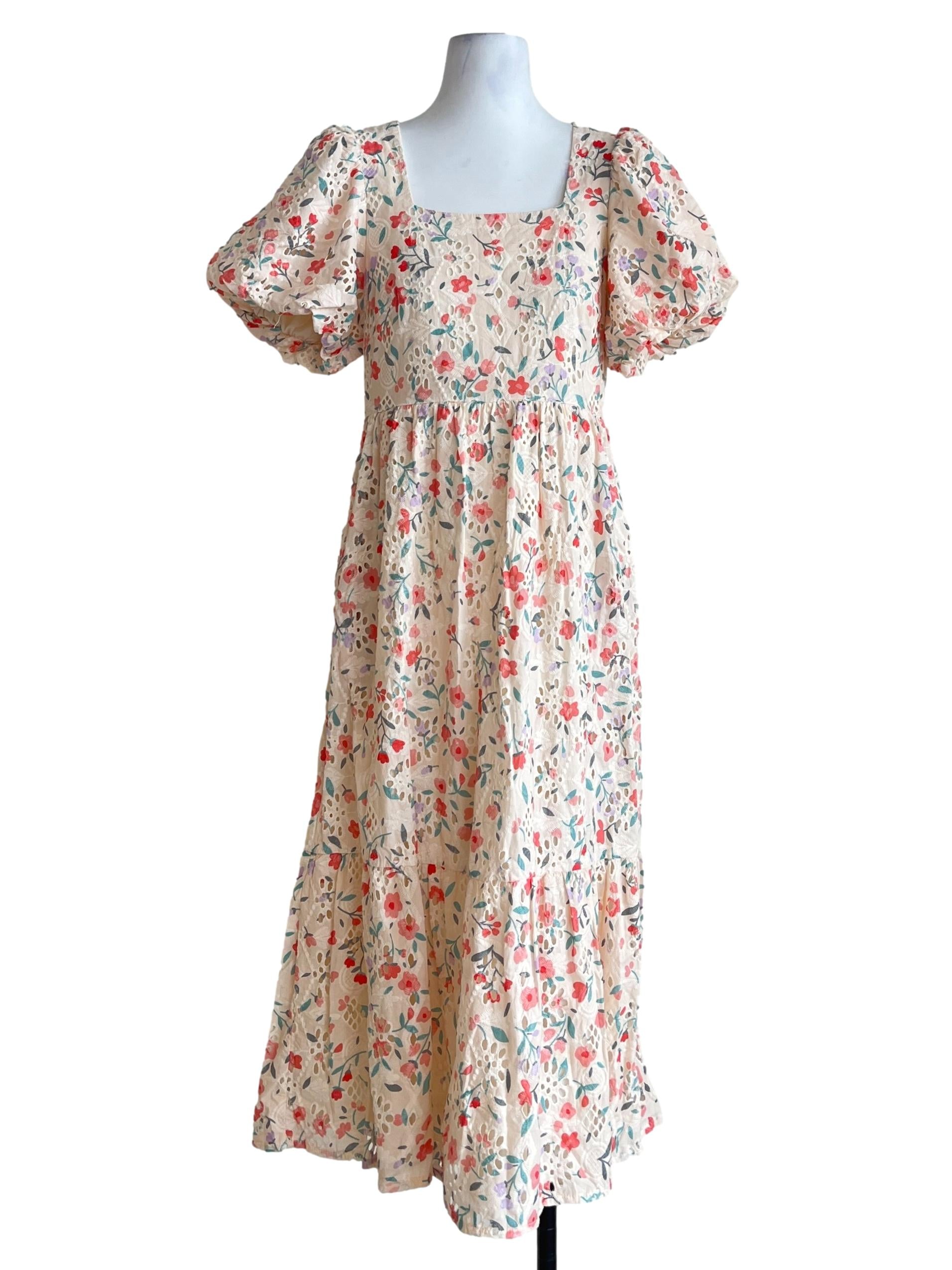 Cream Pink Square Puff Sleeve Maxi Dress