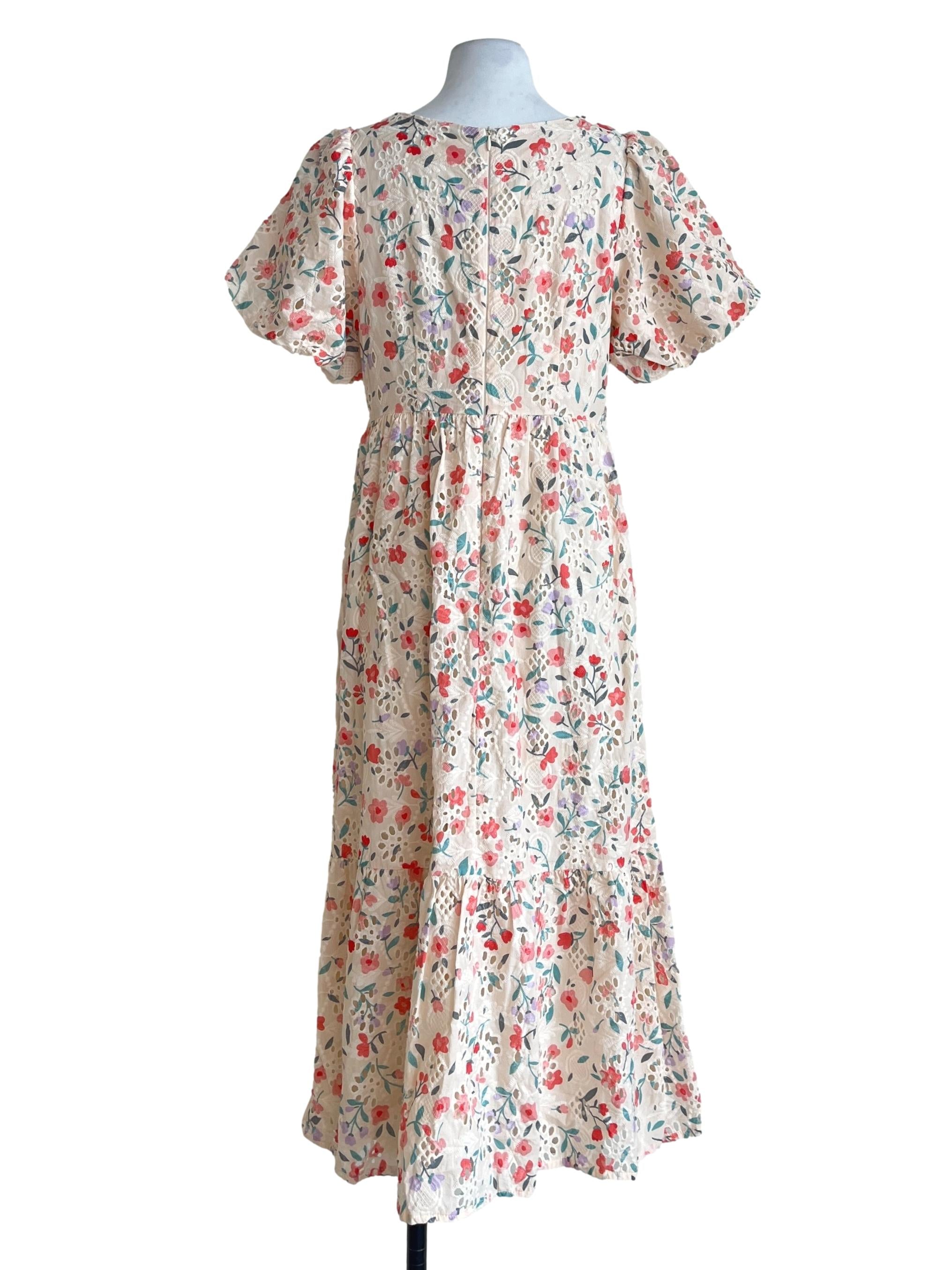 Cream Pink Square Puff Sleeve Maxi Dress