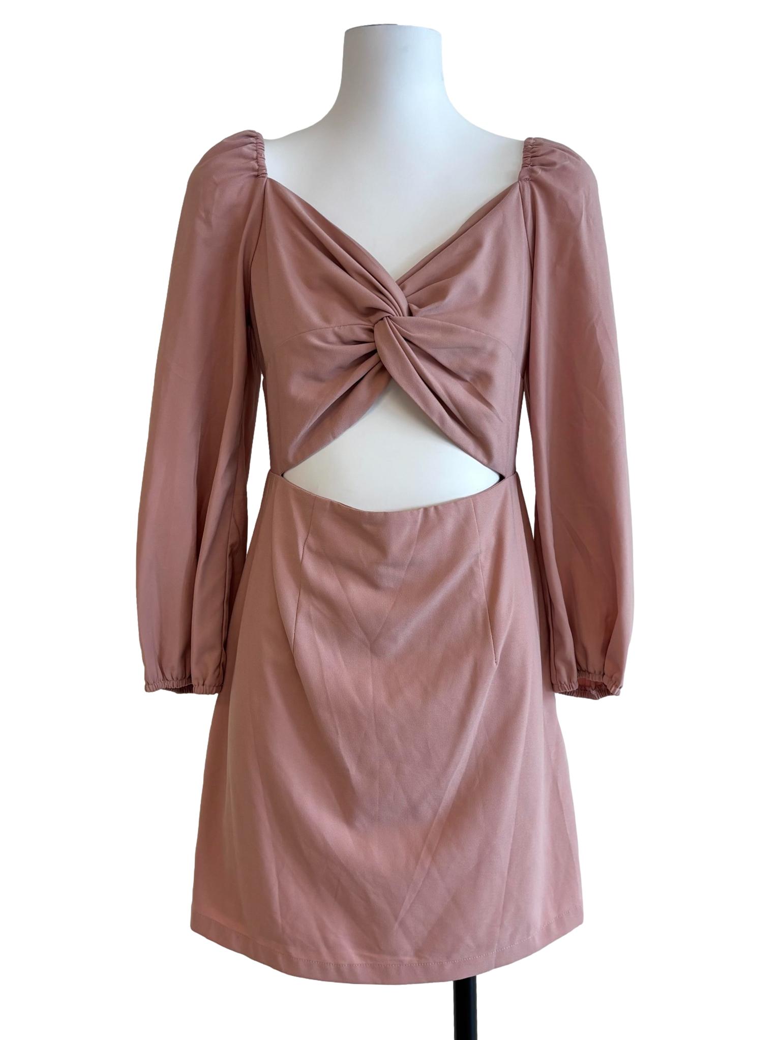 Coral Pink Front Twist Long Sleeve Dress