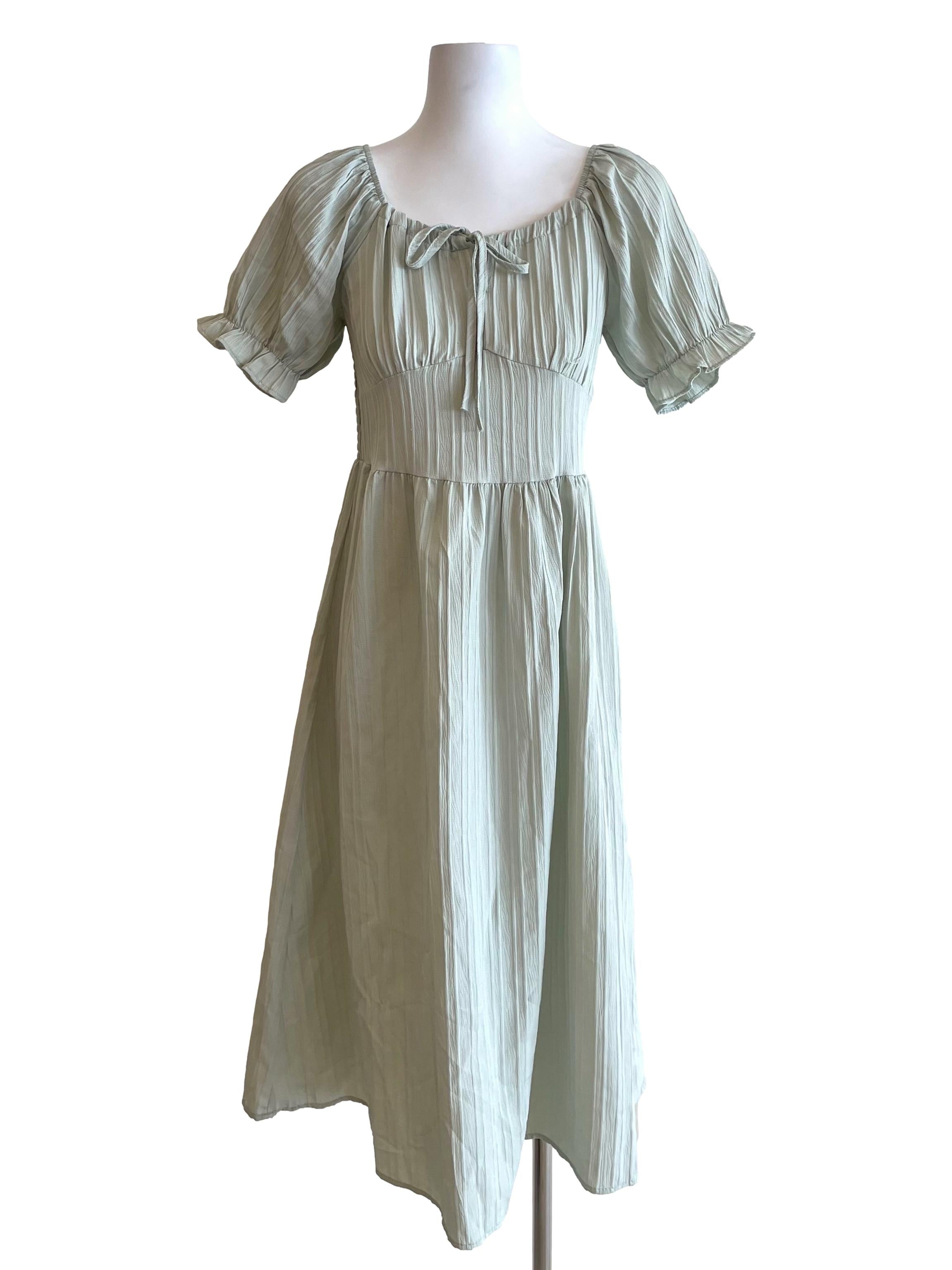 Pastel Green Ribbed Peasant Dress