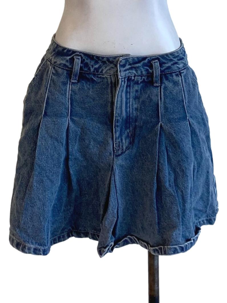 Denim Blue Box Pleated Buttoned Waist Mini Denim Skirt