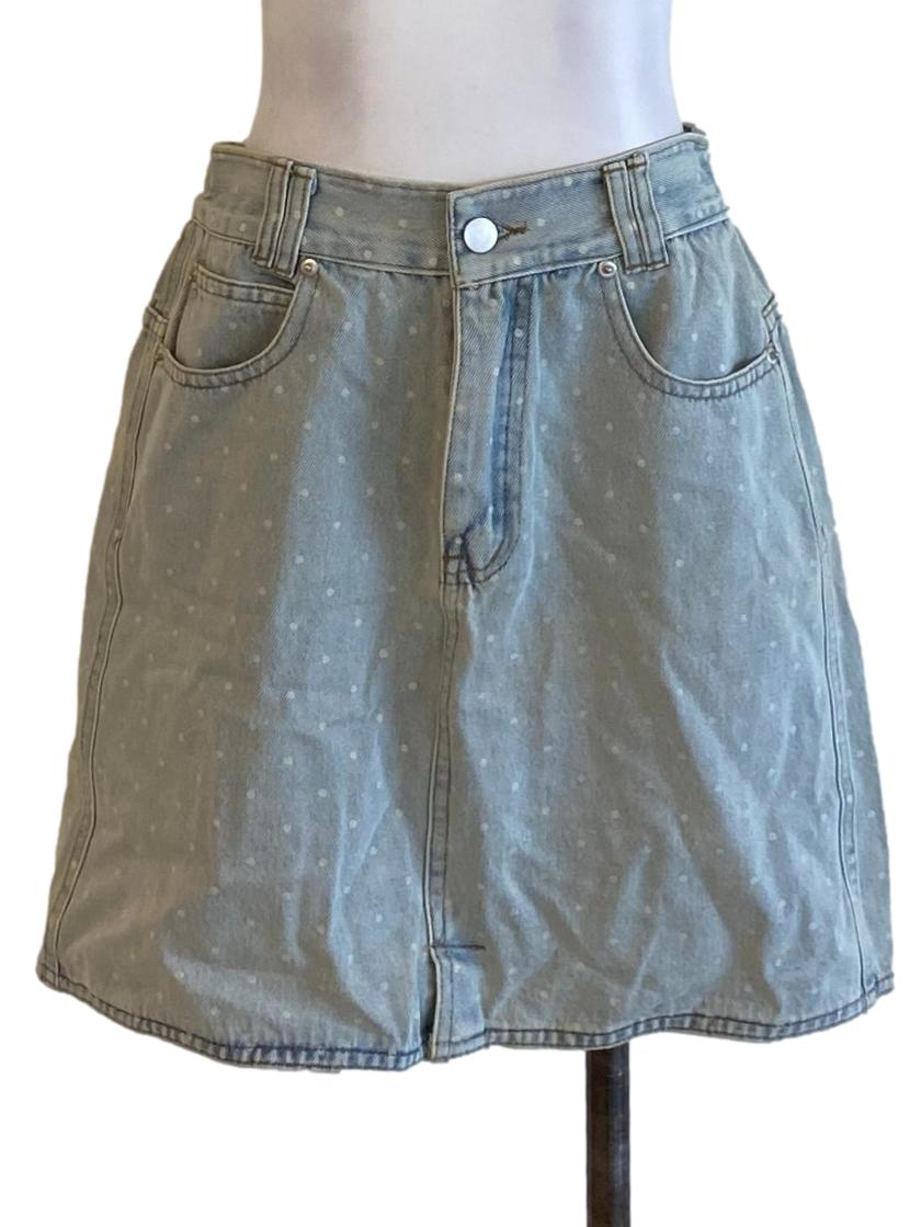 Light Washed Blue Polkadot Buttoned Waist Mini Denim Skirt