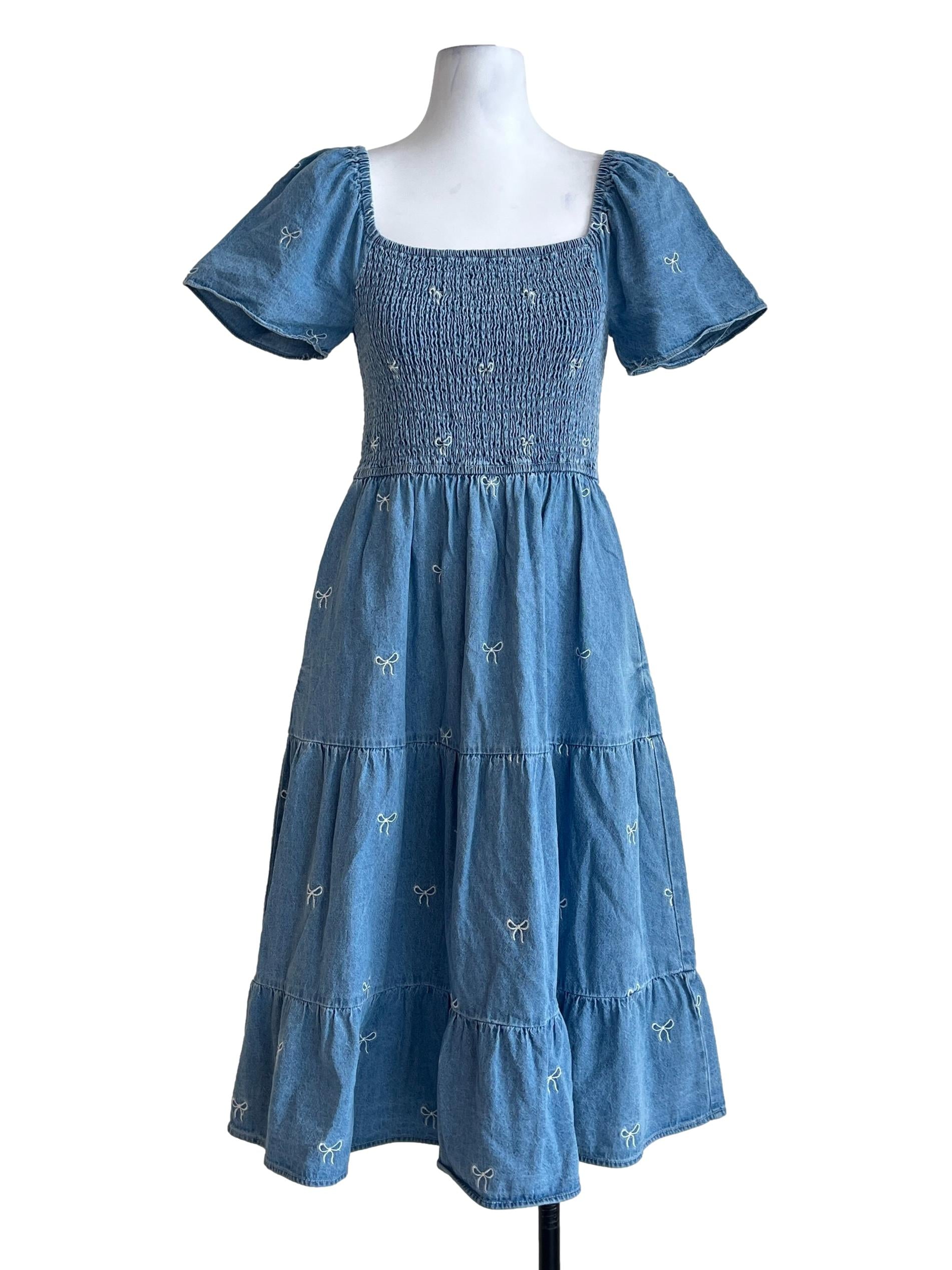 Denim Blue Square Neck Tiered Dress