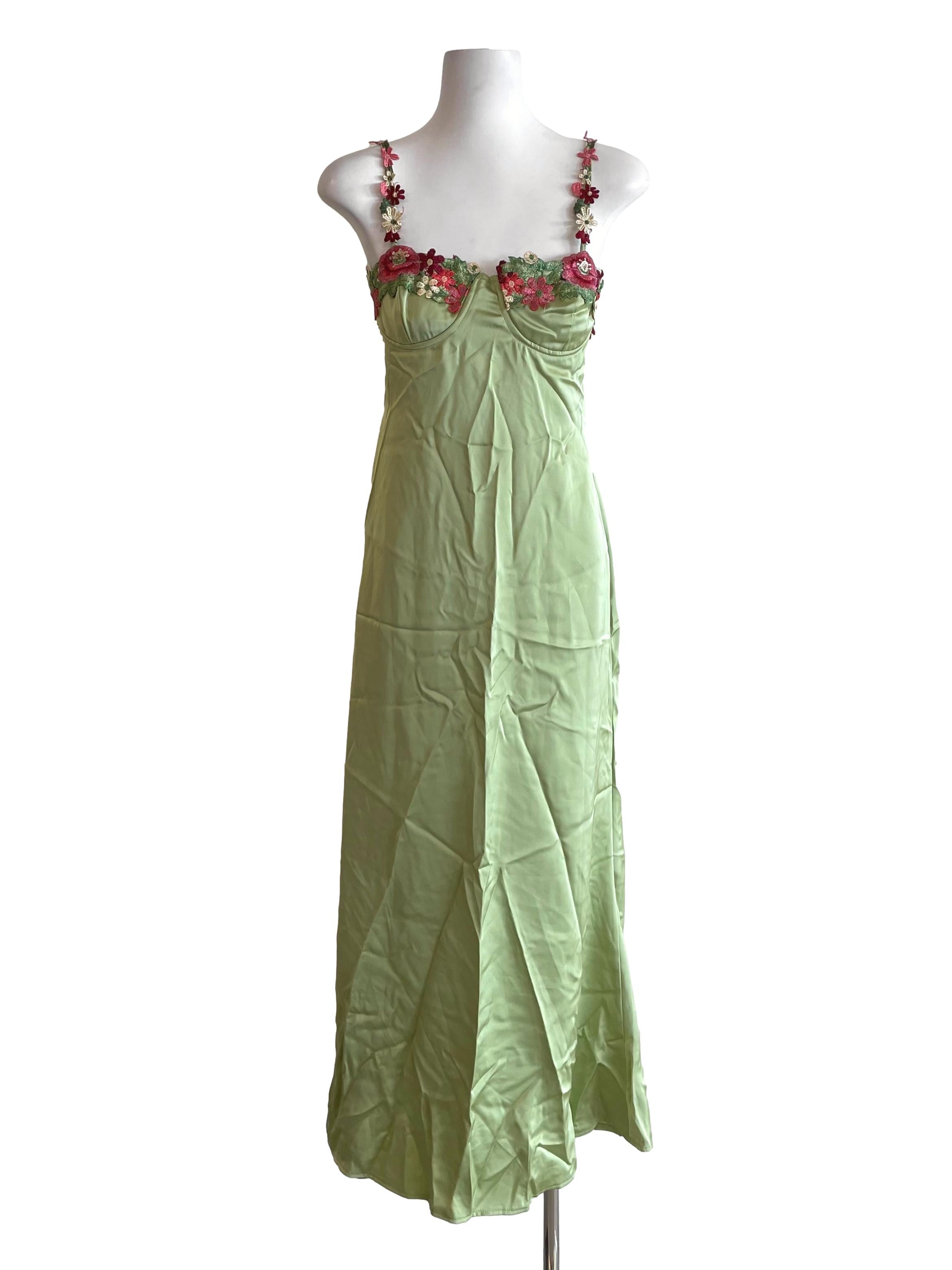 Chartreuse Embroidery Bustier Satin Cami Dress