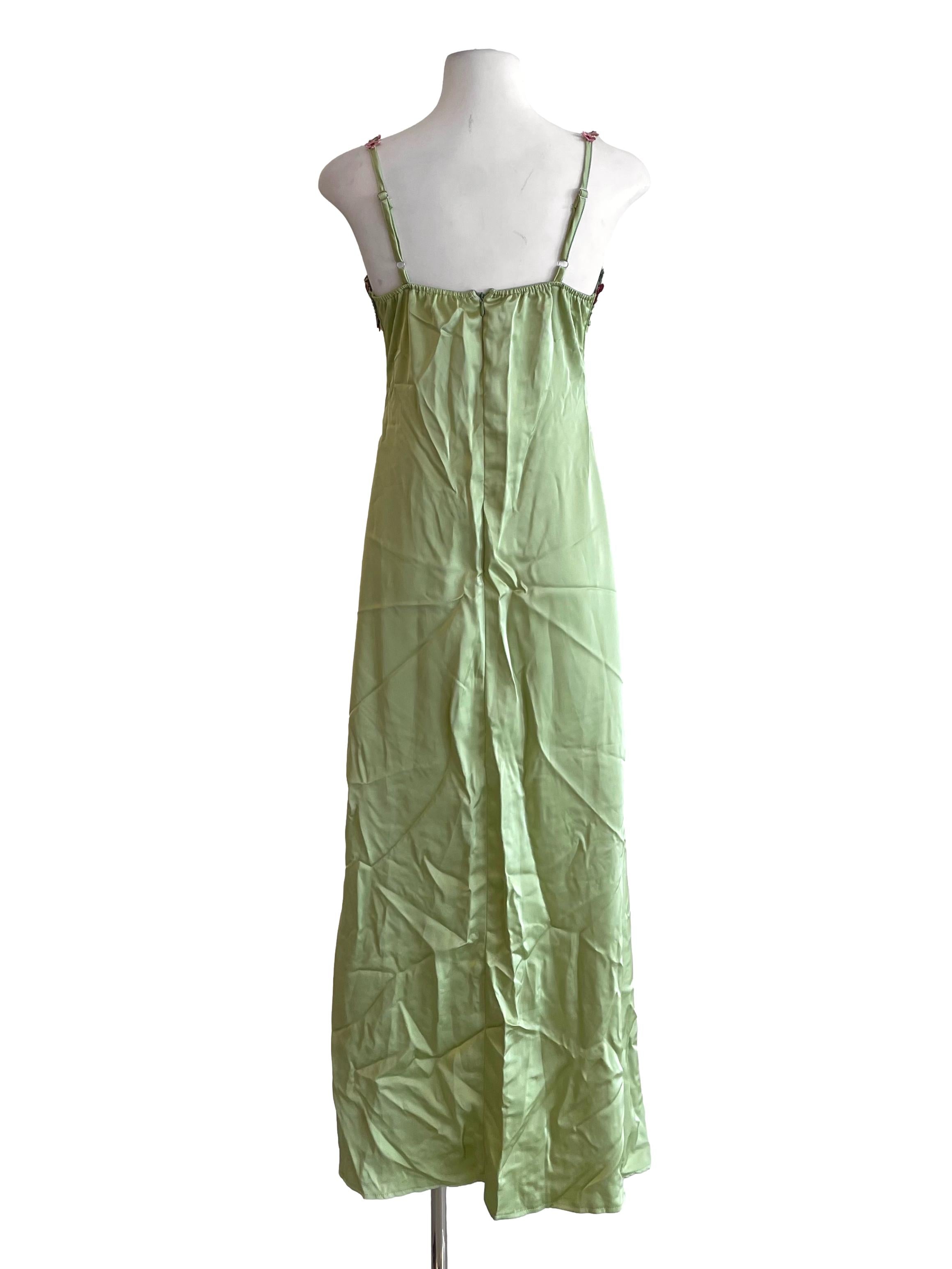Chartreuse Embroidery Bustier Satin Cami Dress