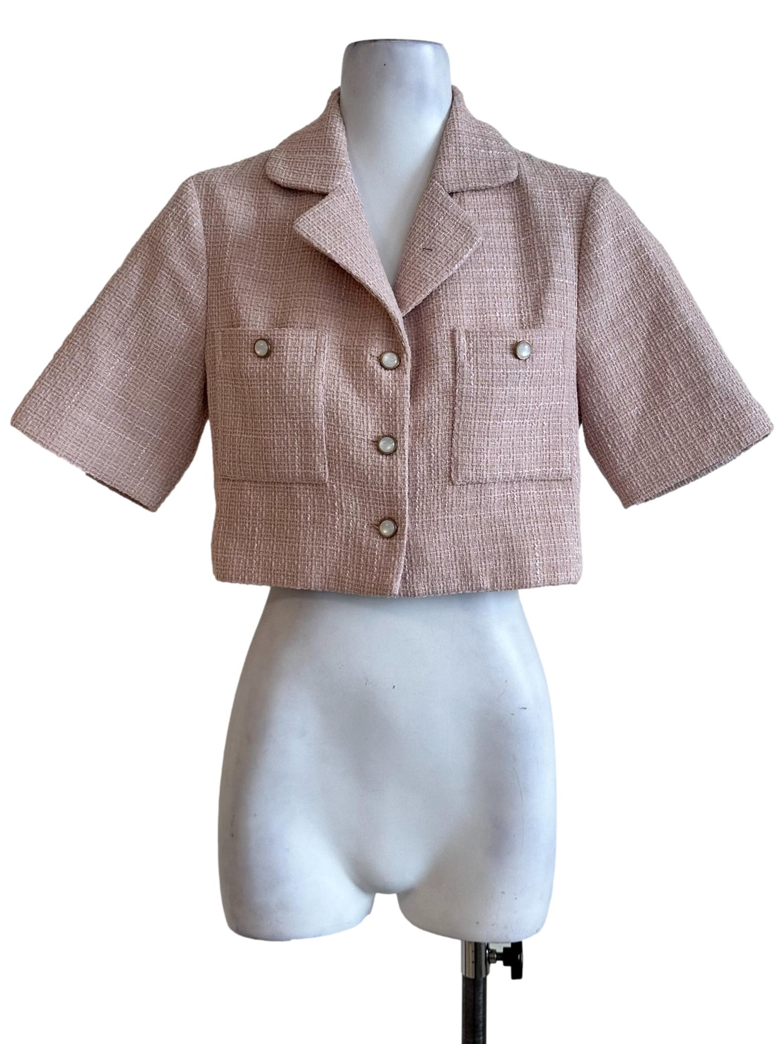 Flamingo Pink Tweed Collar Top