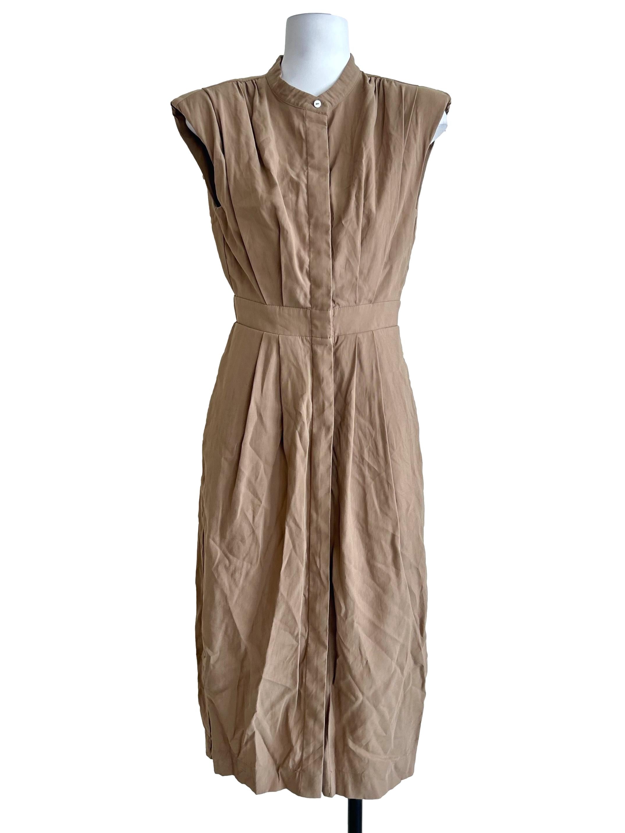 Tan Brown Stand Collar Pleated Dress