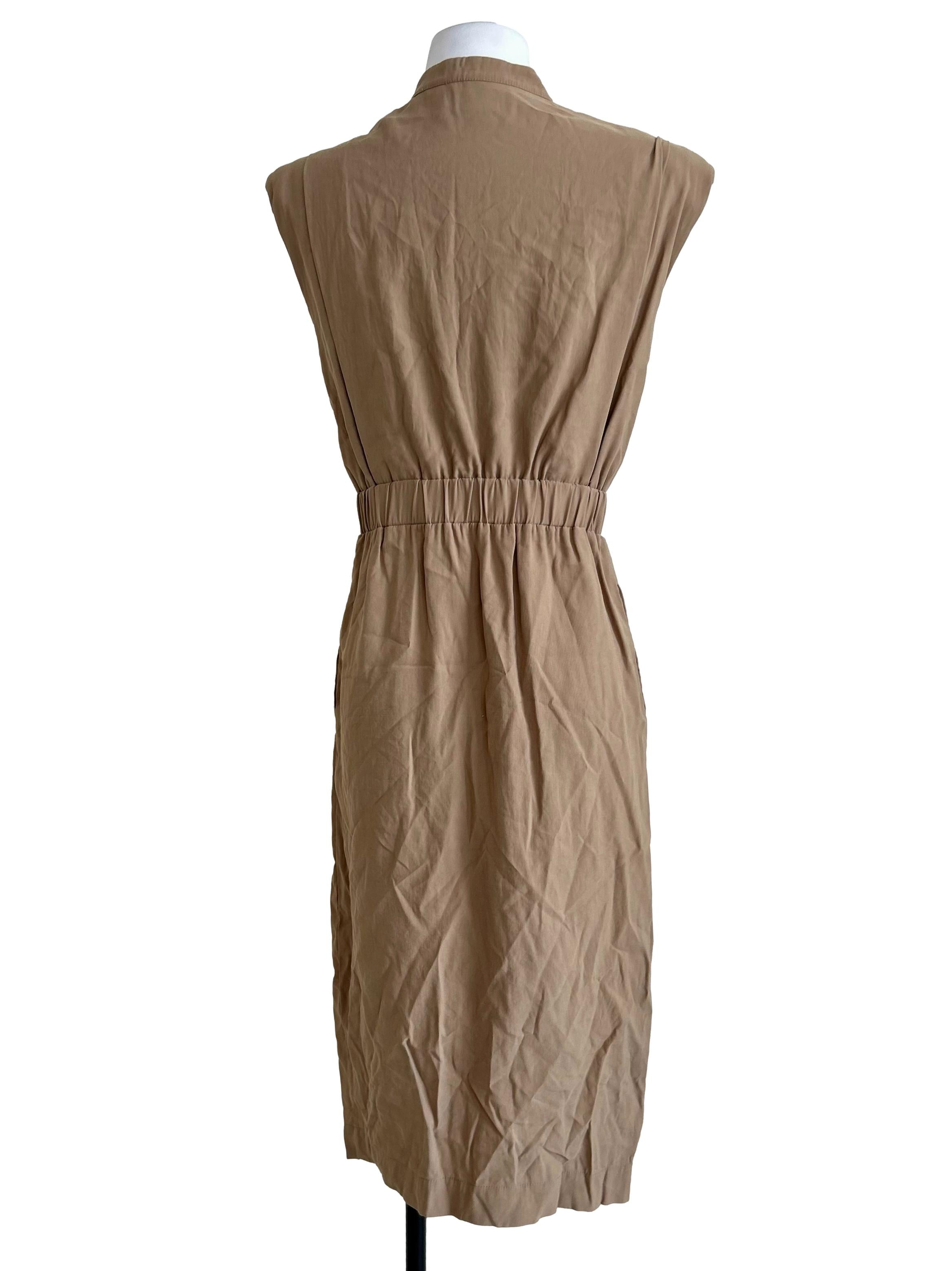 Tan Brown Stand Collar Pleated Dress