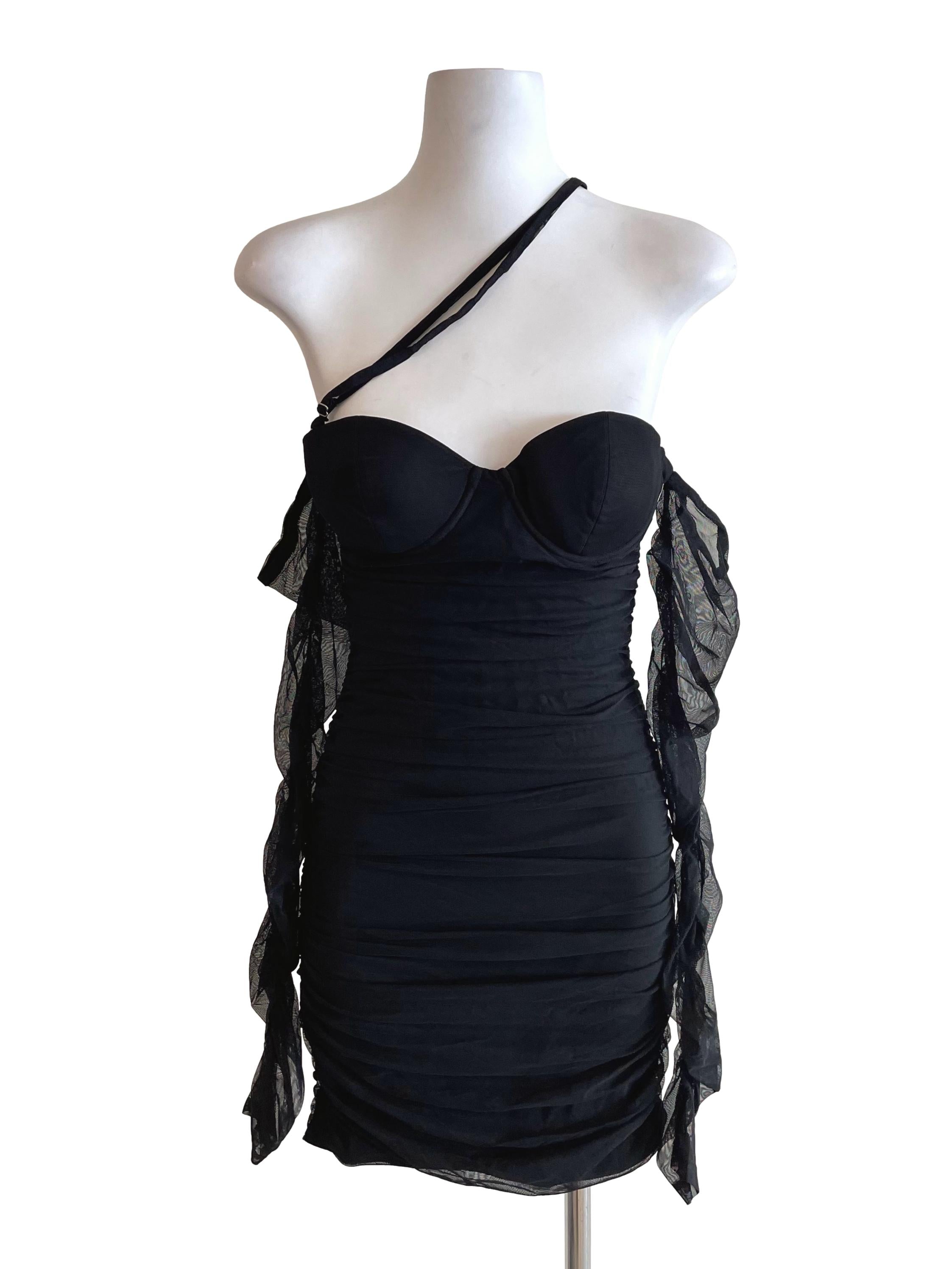 Black Draped Mesh Off Shoulder Dress