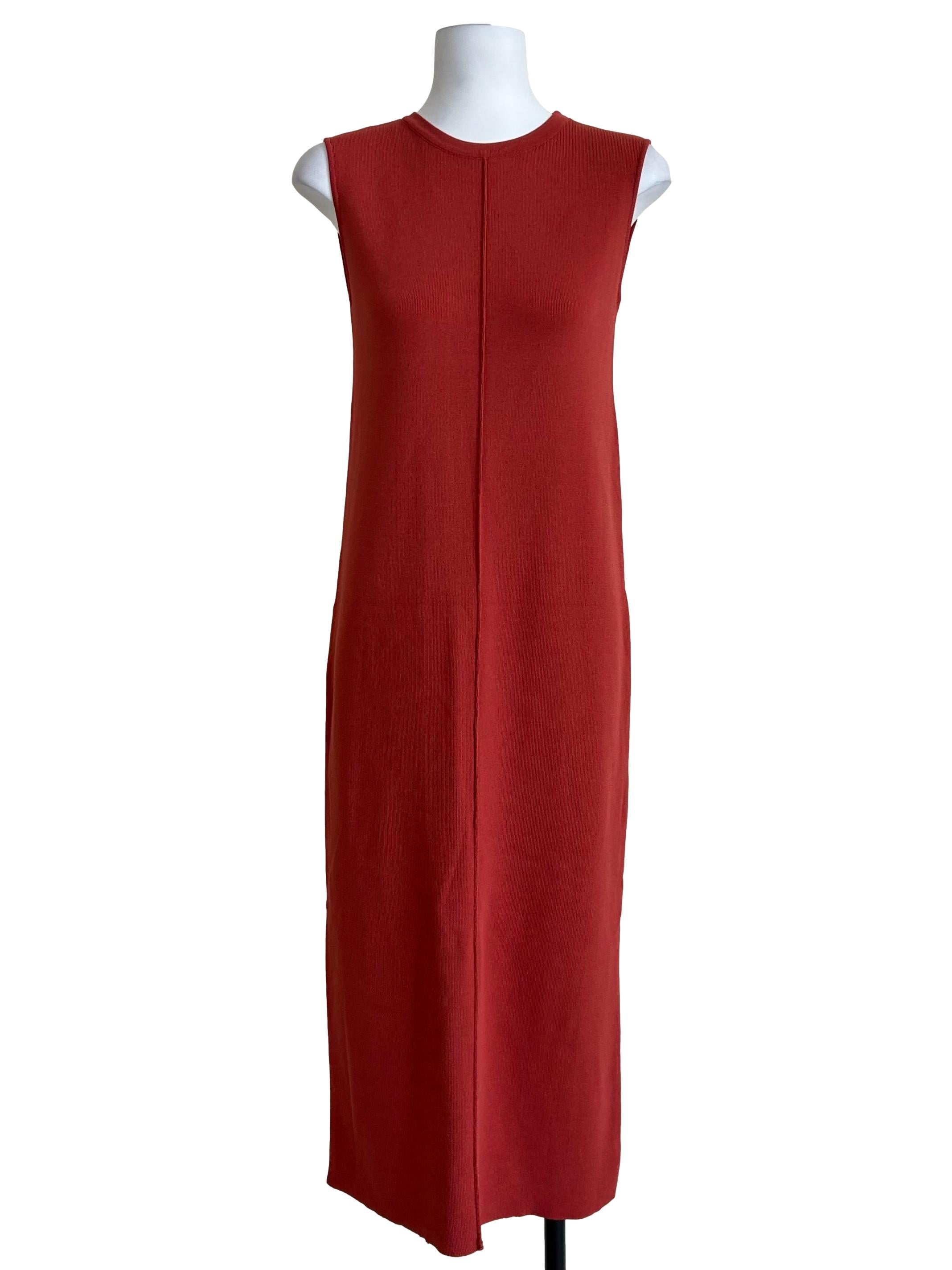 Brick Red Crewneck Ribbed Midi Dress