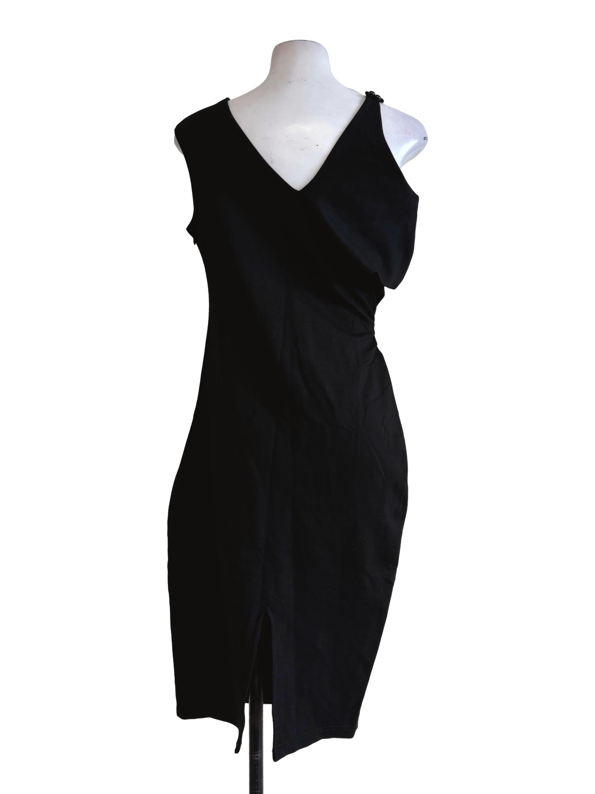 Jet Black Asymmetric Neck Pencil Dress