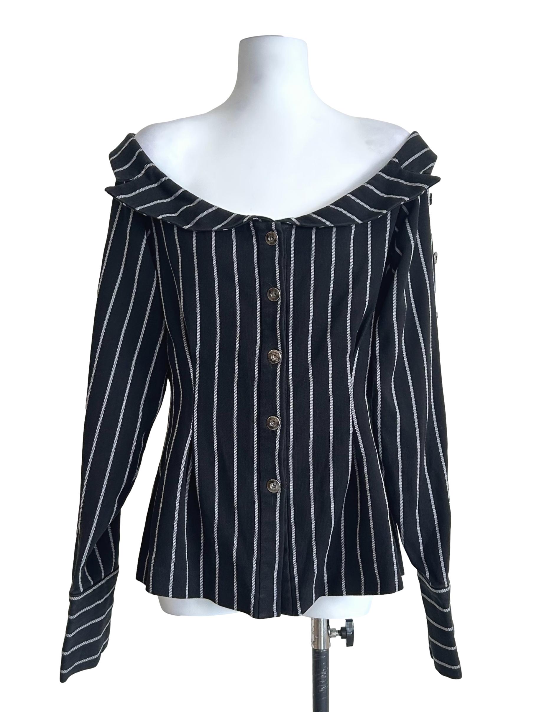 Black And White Pinstripe Off  Shoulder Top