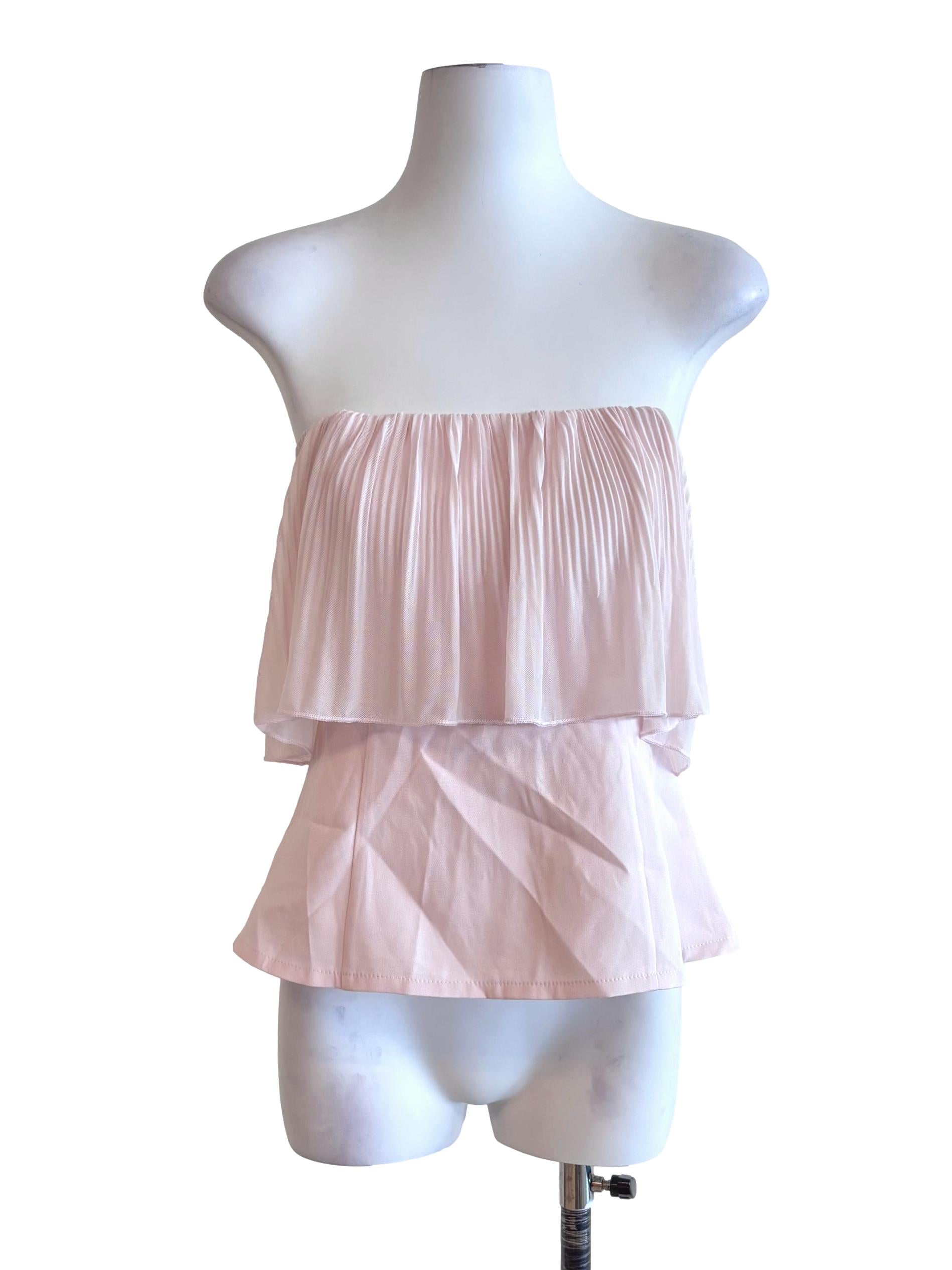 Baby Pink Pleats Overlay Strapless Top