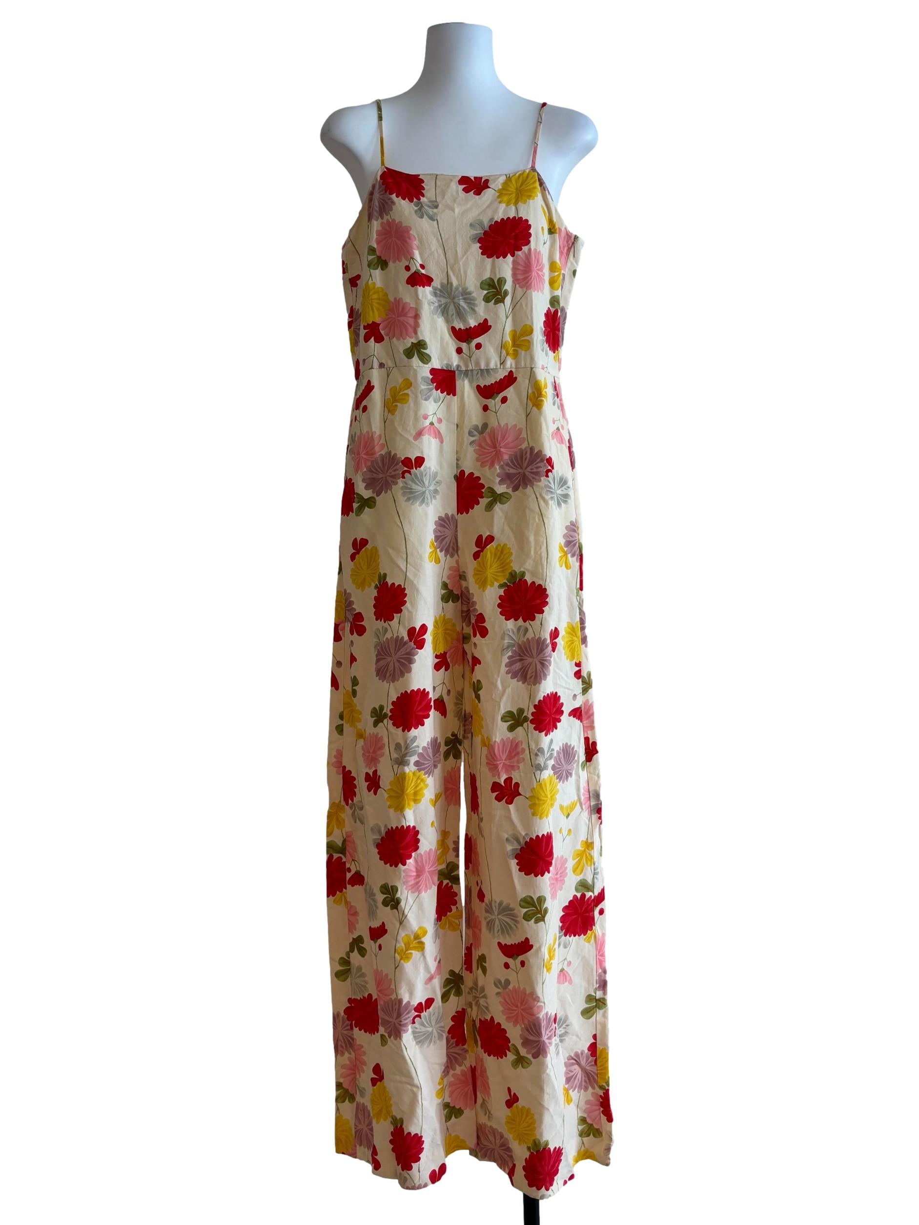 Cream Red Floral Spaghetti Strap Jumpsuit