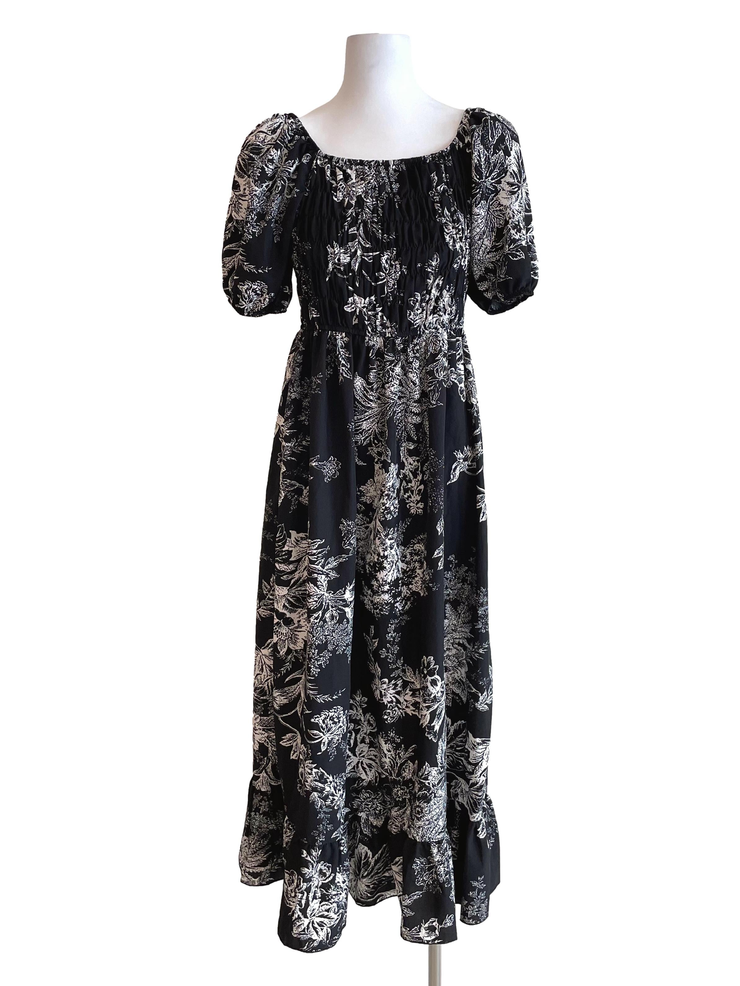 Black Floral Shirred Dress