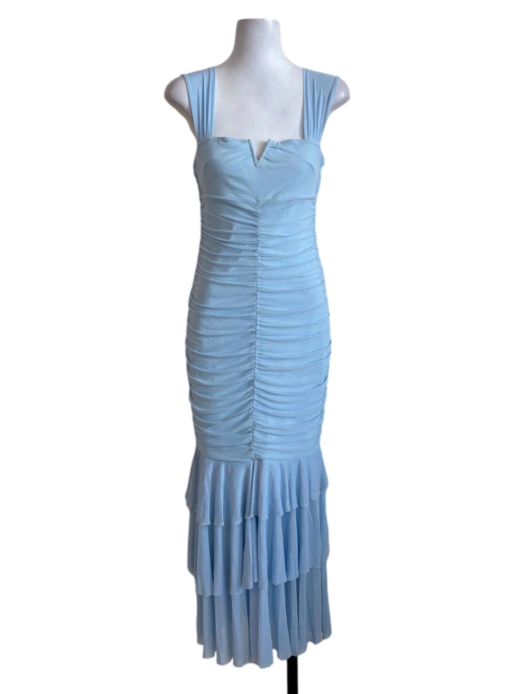 Sky Blue Ruched Layered Ruffle Dress