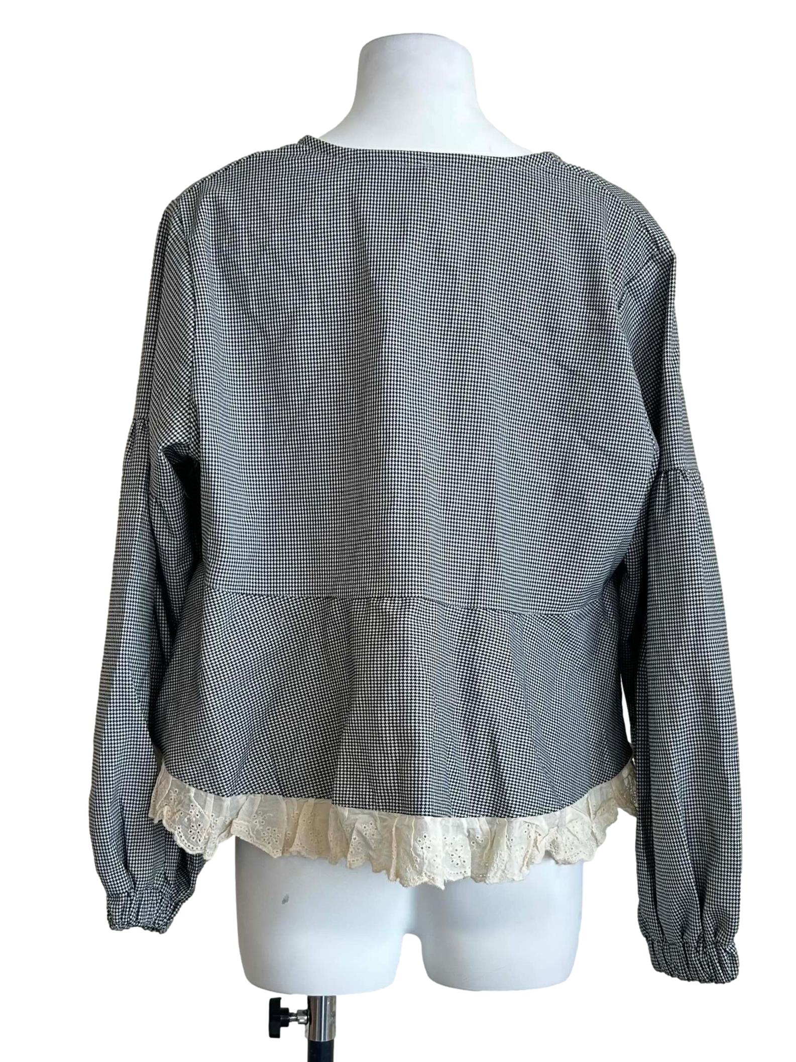 Black & White Gingham Lace Trim Blouse