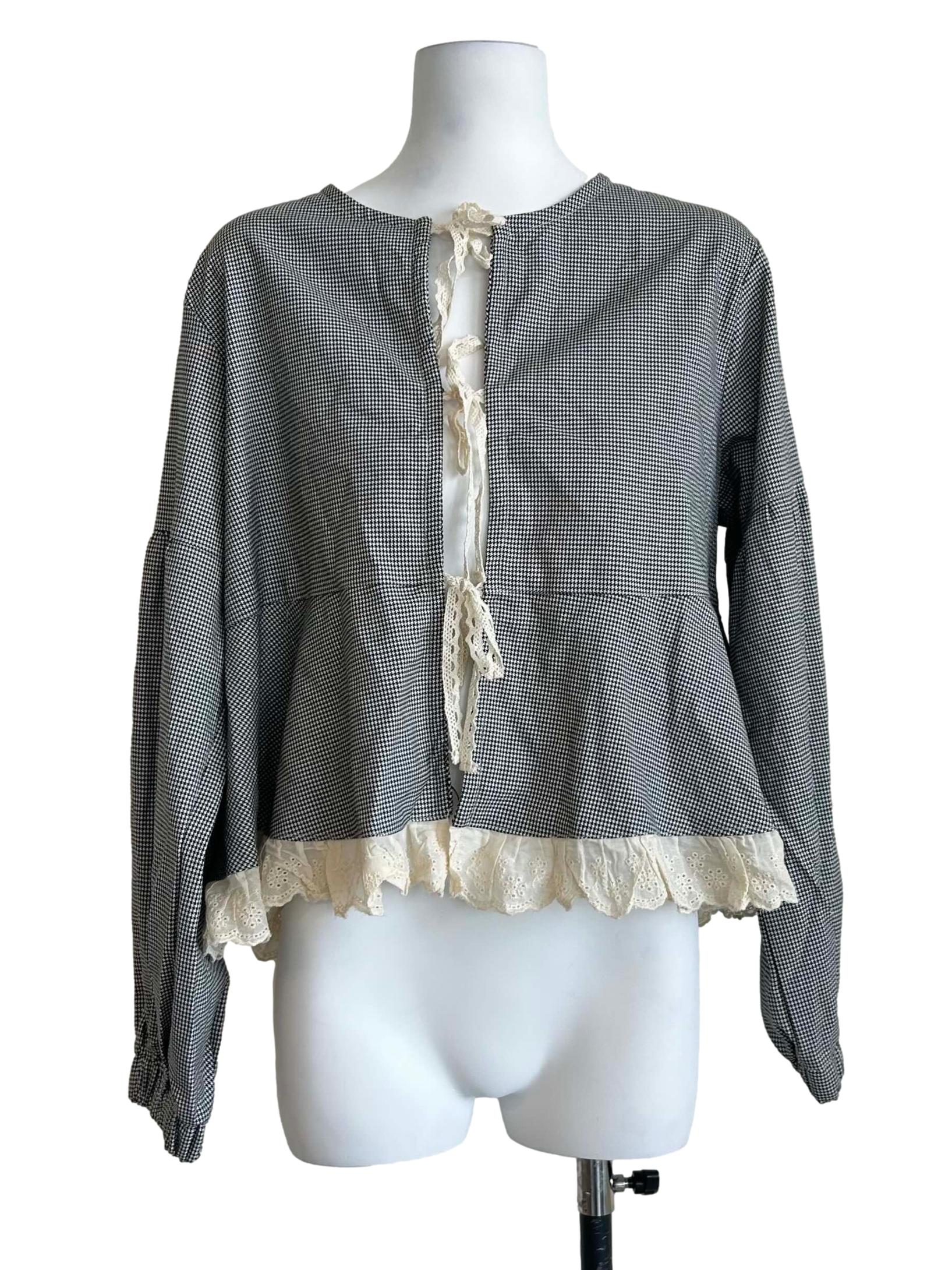 Black & White Gingham Lace Trim Blouse