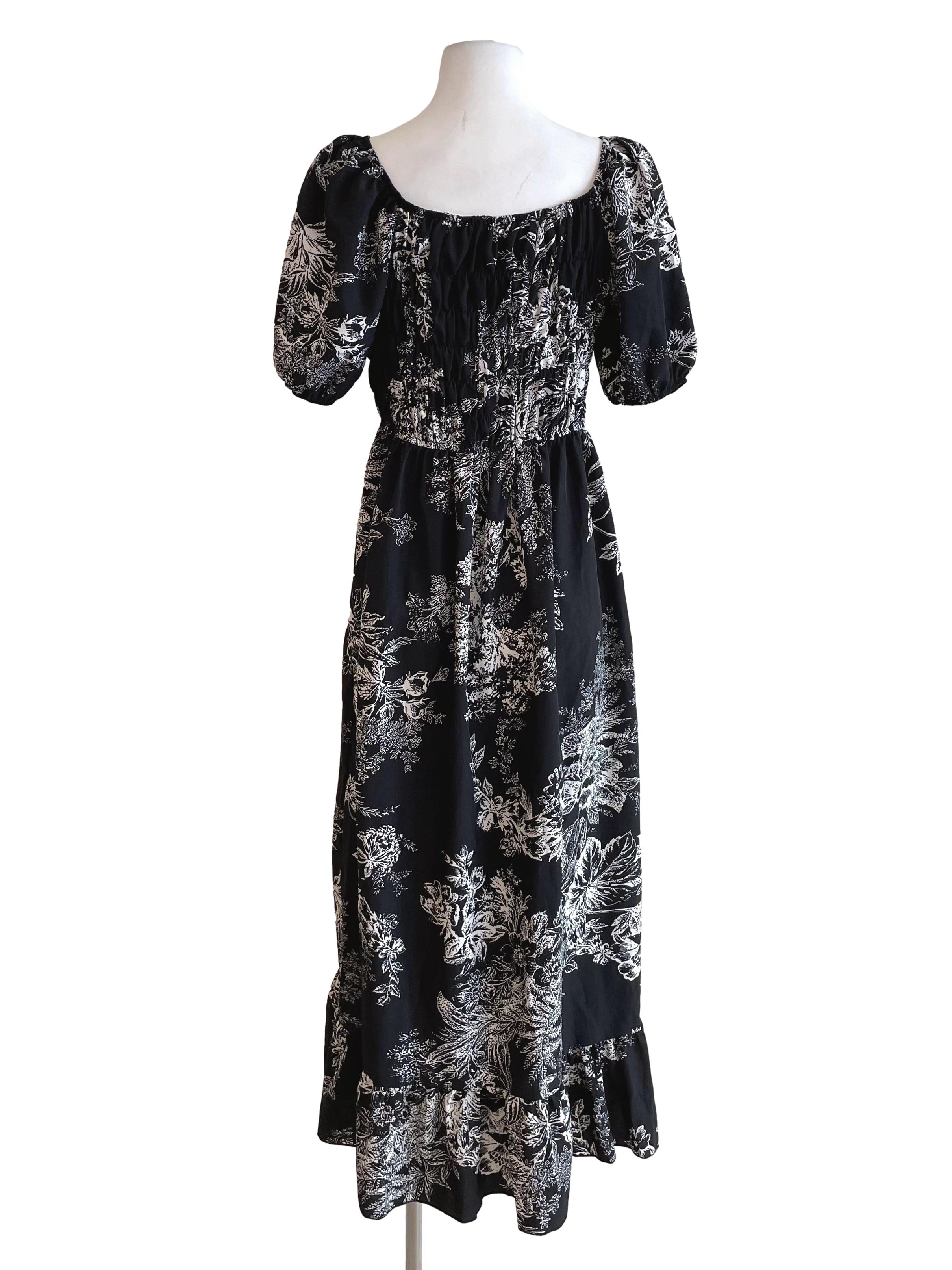 Black Floral Shirred Dress