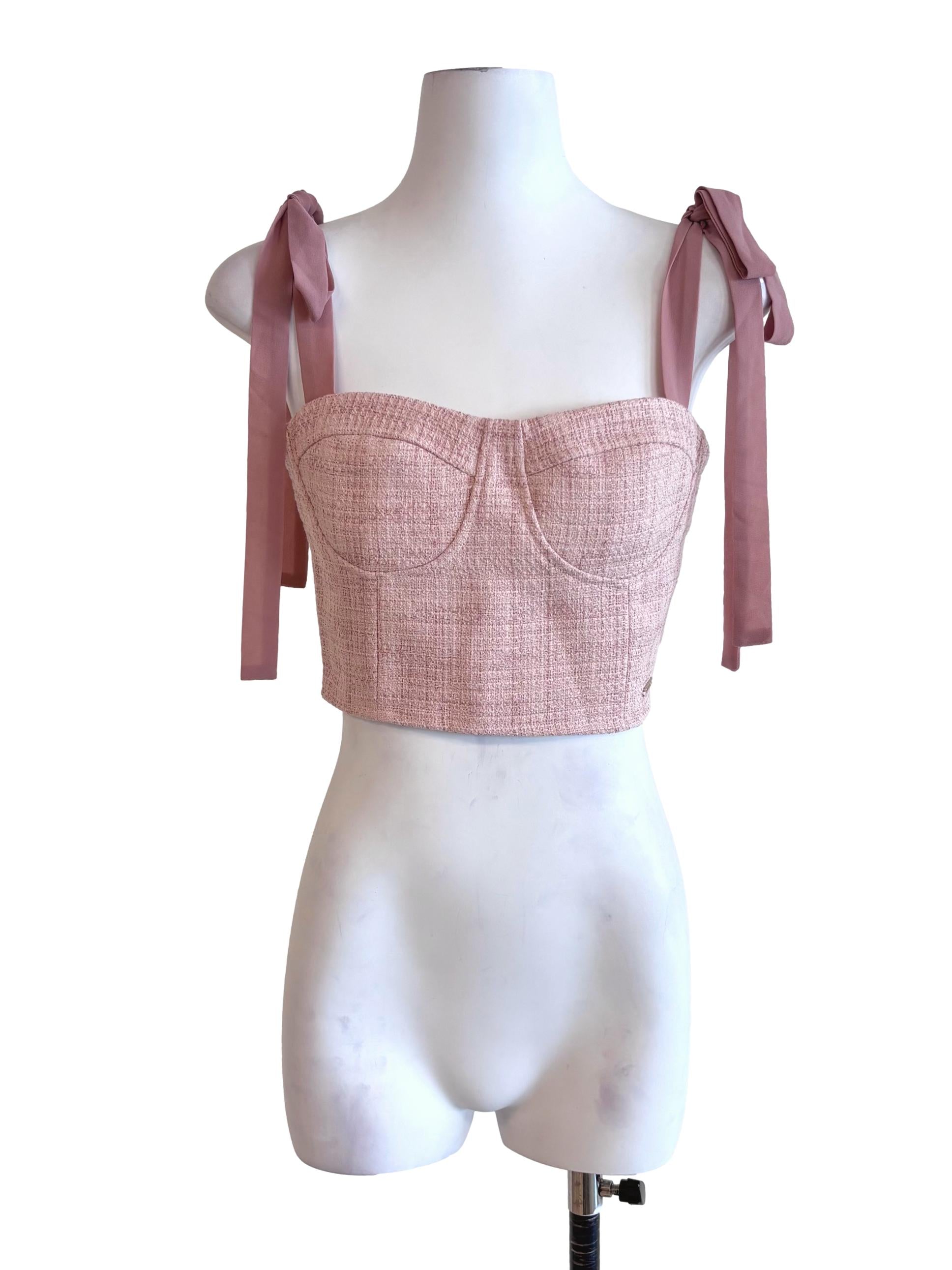 Light Pink Tie Strap Tweed Crop Top