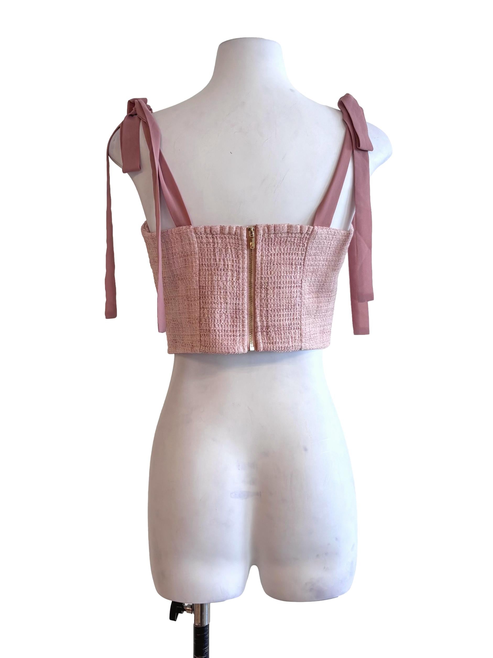 Light Pink Tie Strap Tweed Crop Top