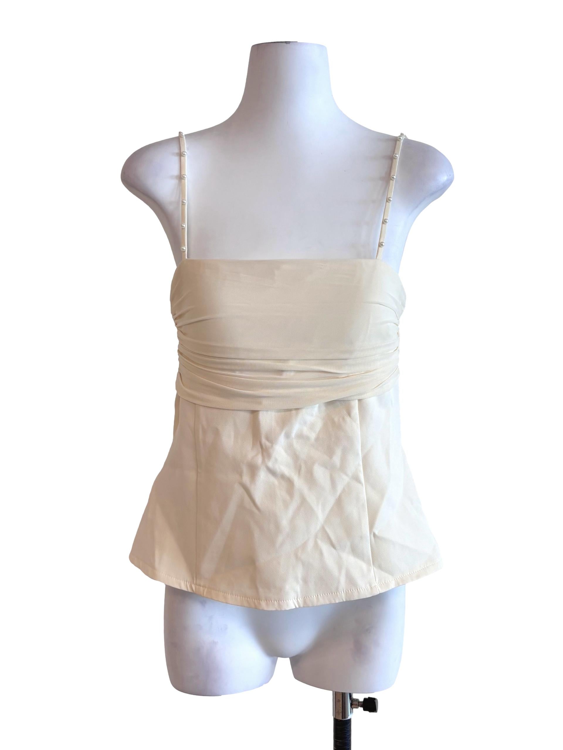 Light Yellow Pleat Mesh Pearl Strap Cami Top
