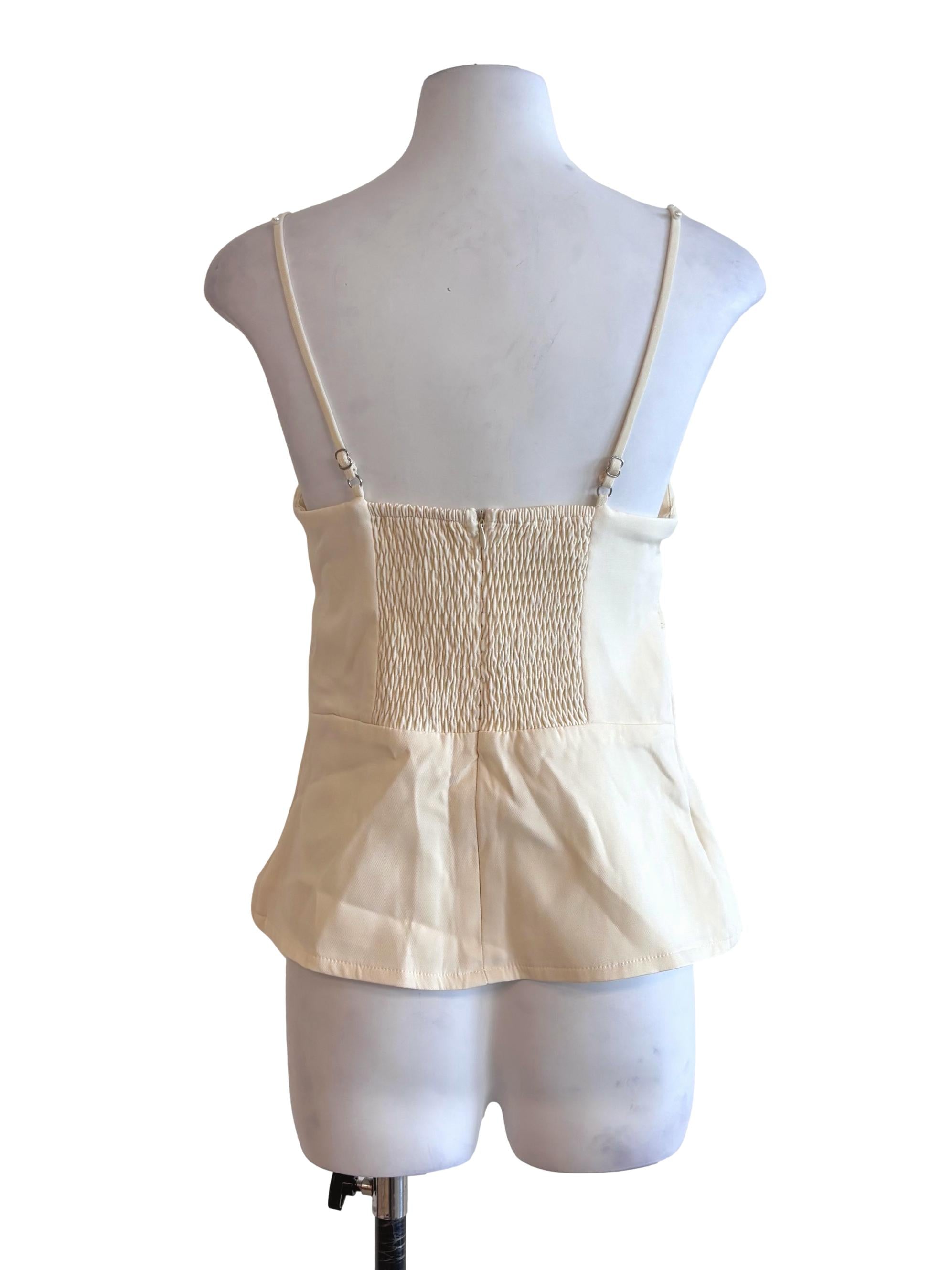 Light Yellow Pleat Mesh Pearl Strap Cami Top