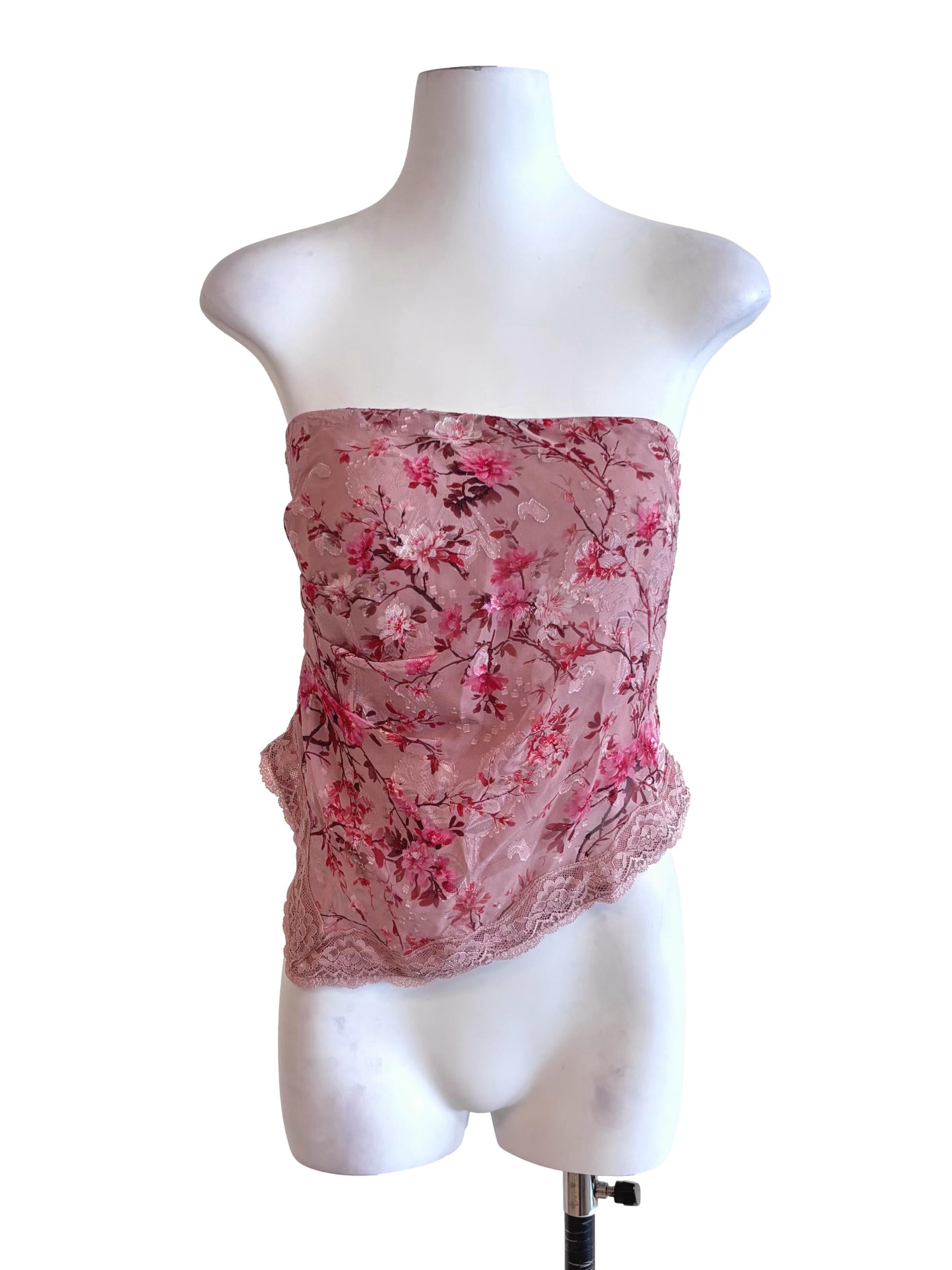 Punch Pink Floral Lace Hem Strapless Top TTR