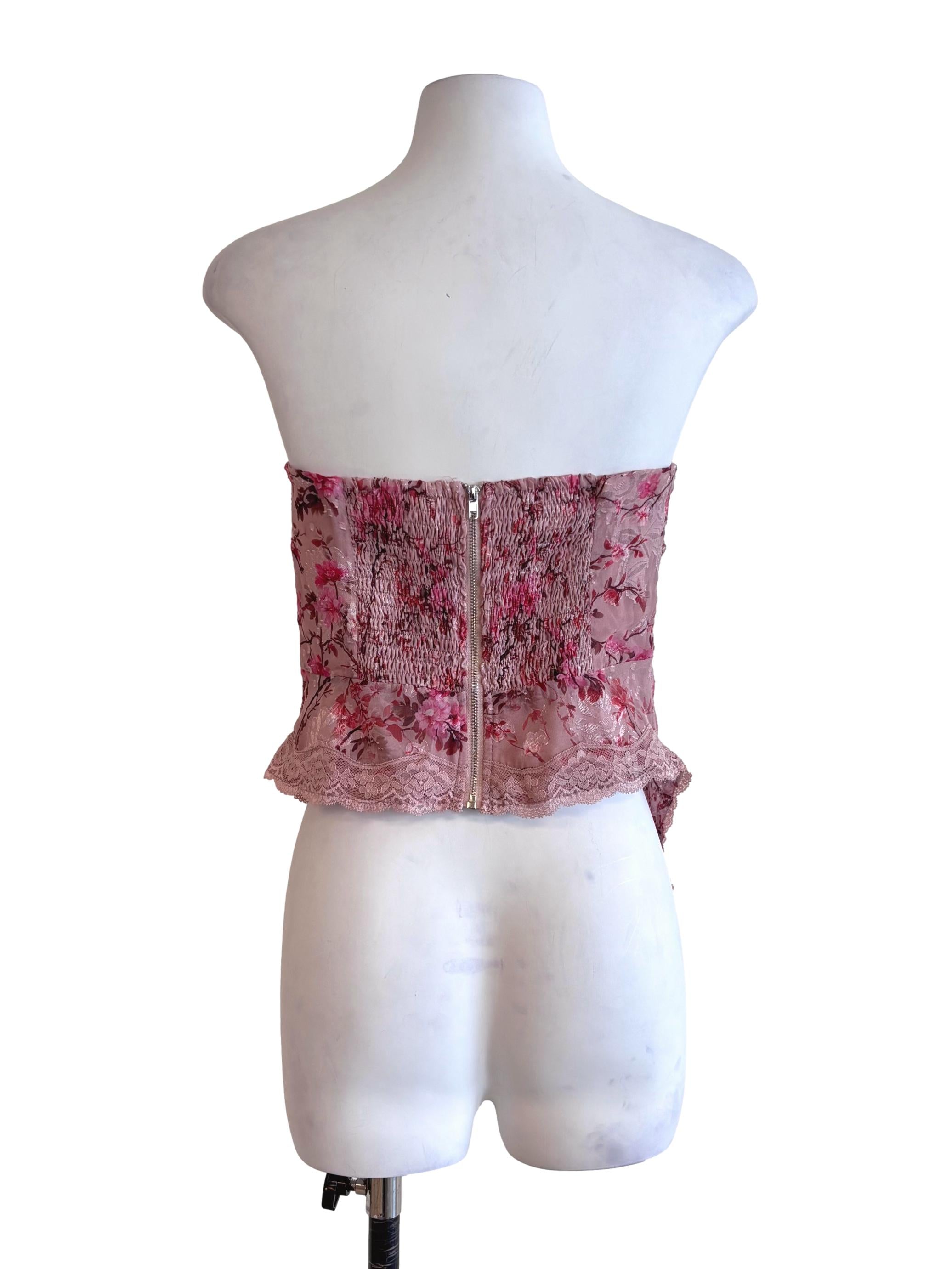 Punch Pink Floral Lace Hem Strapless Top TTR