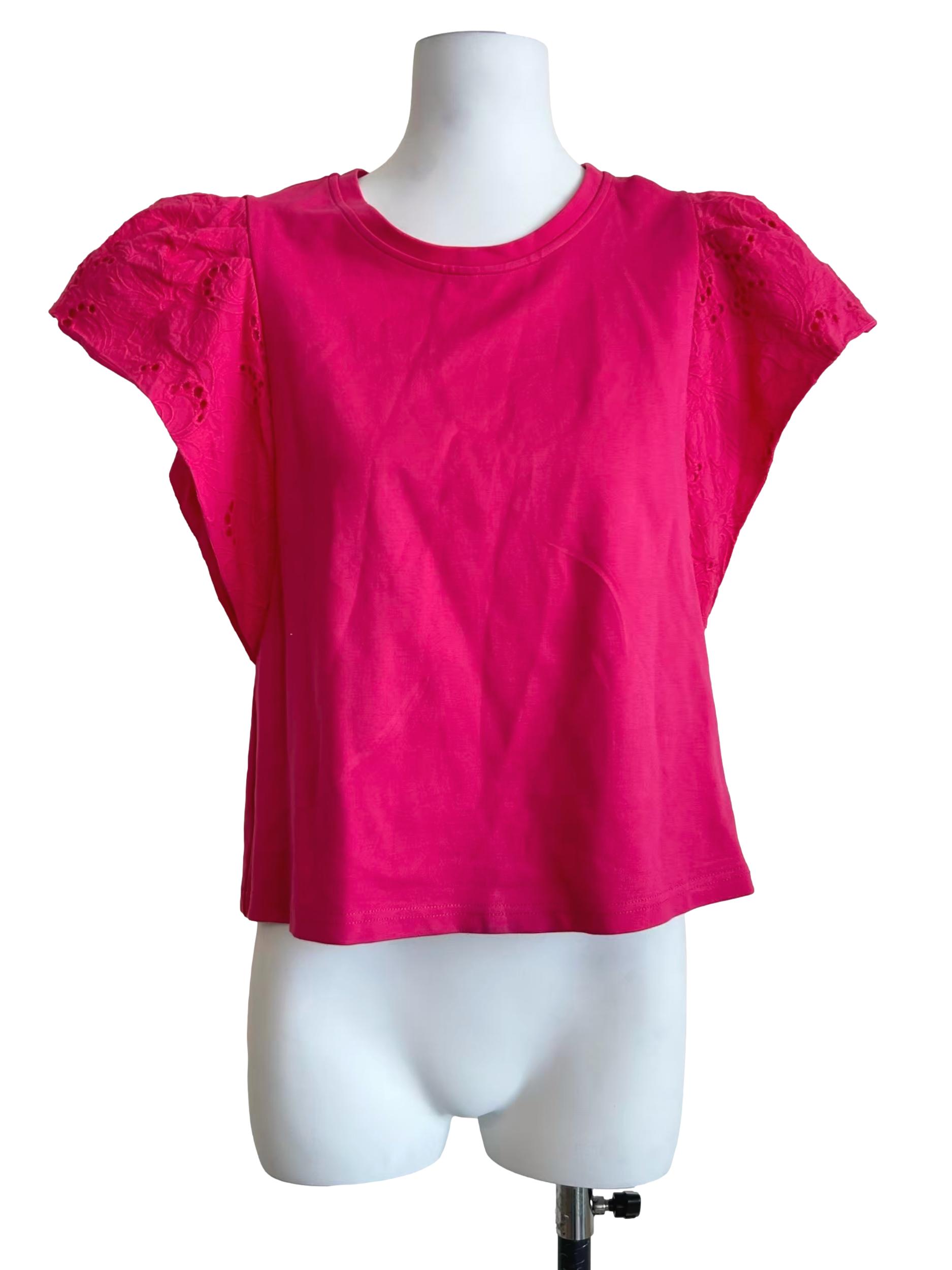 Hot Pink Lace Sleeve Crewneck T-Shirt