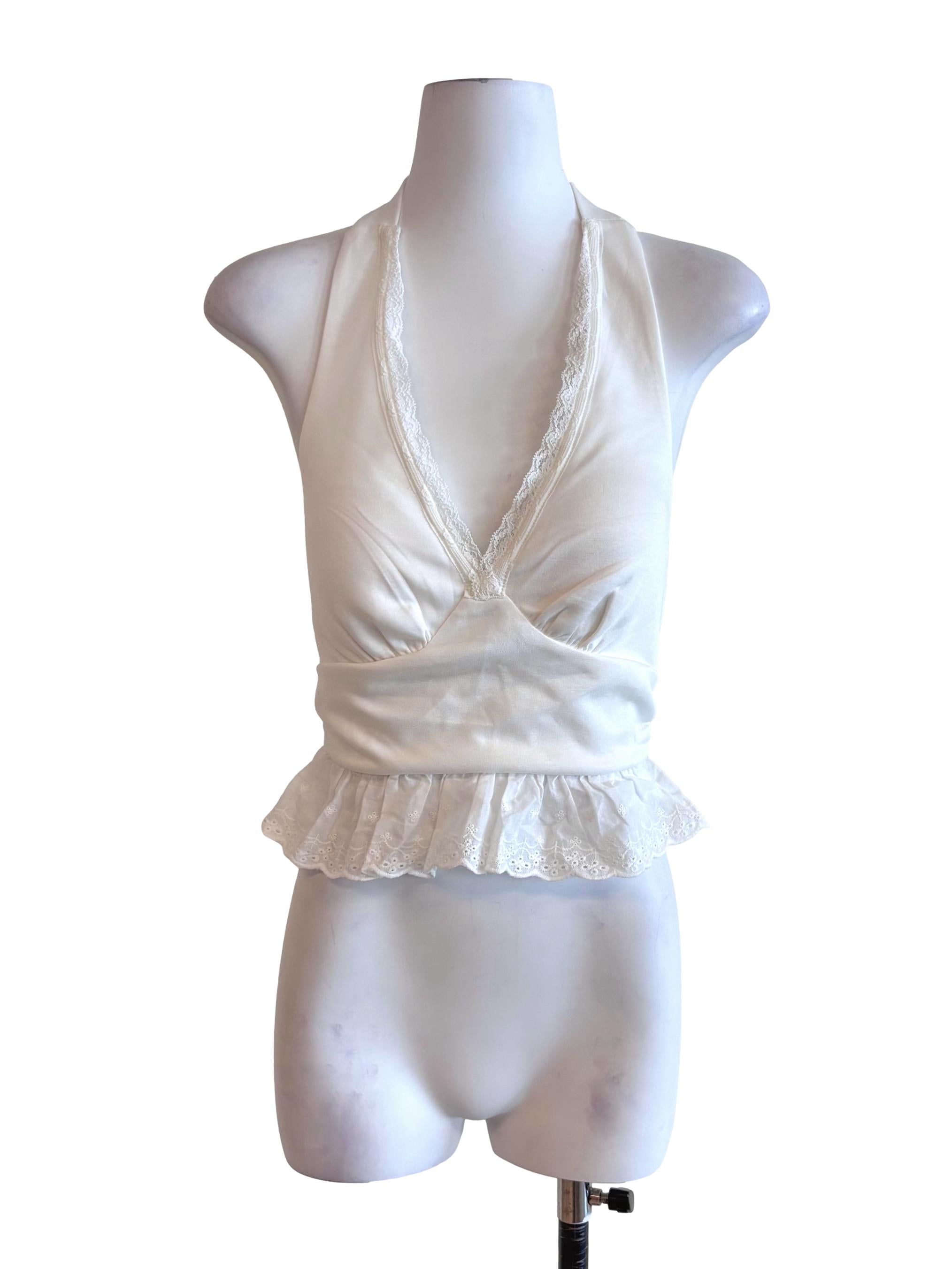 White Lace Trim Halter Tie Strap Top