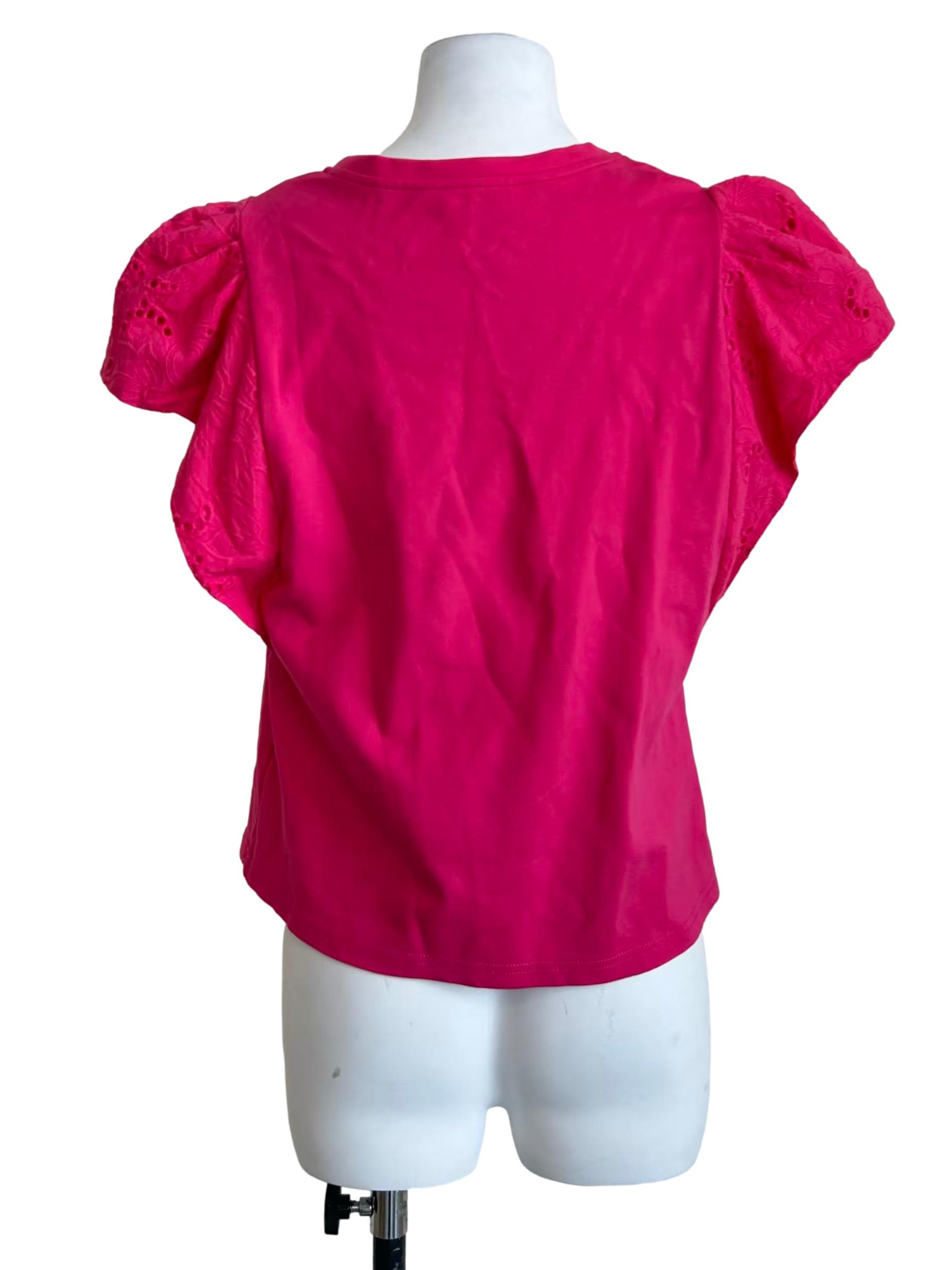Hot Pink Lace Sleeve Crewneck T-Shirt