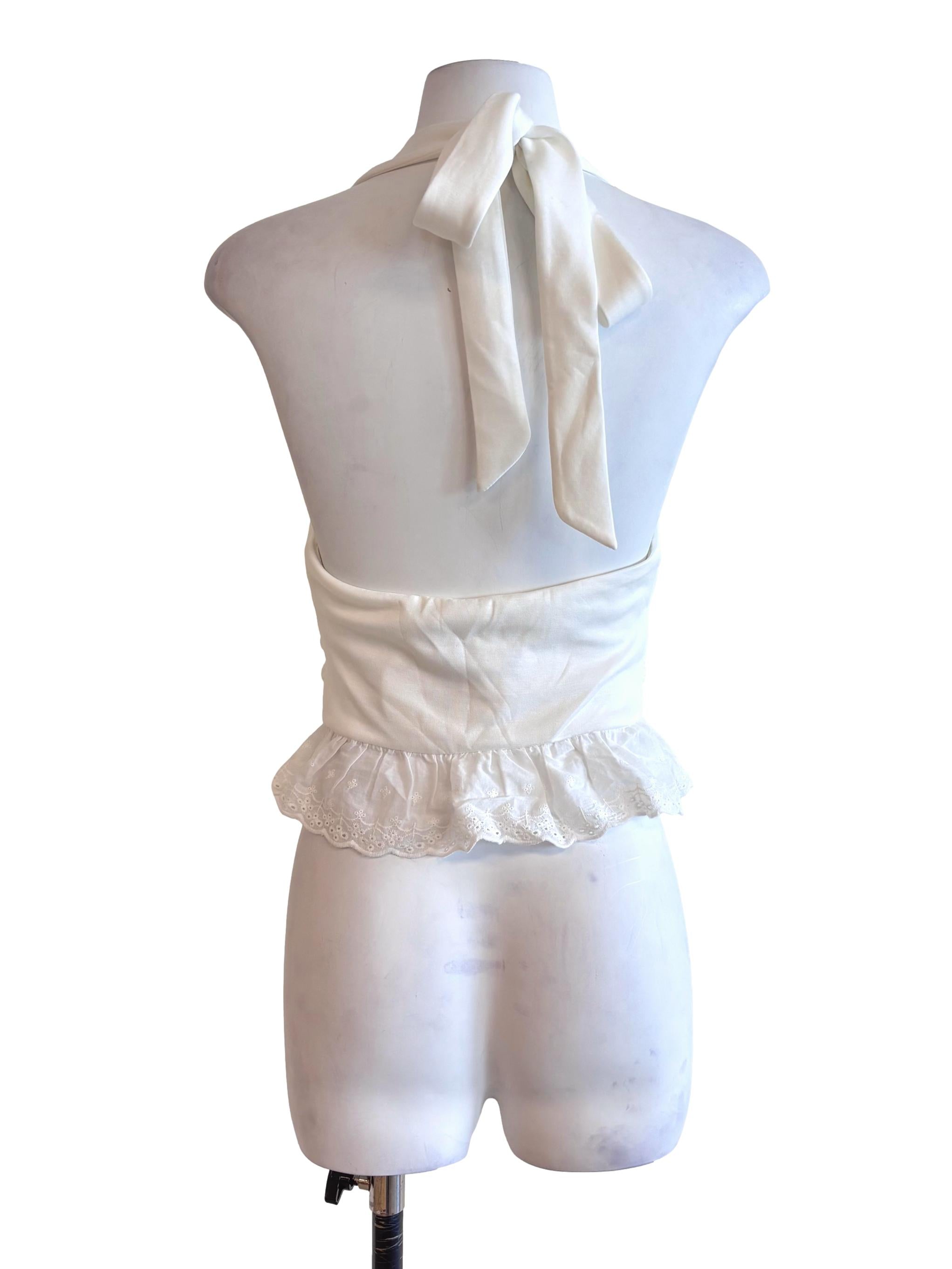 White Lace Trim Halter Tie Strap Top
