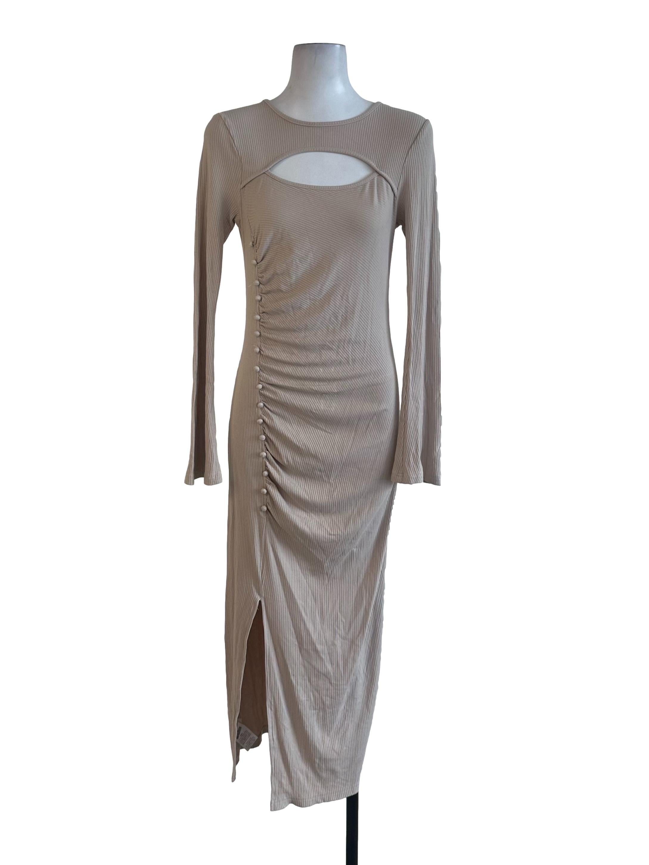 Sand Beige Knitted Slit Dress