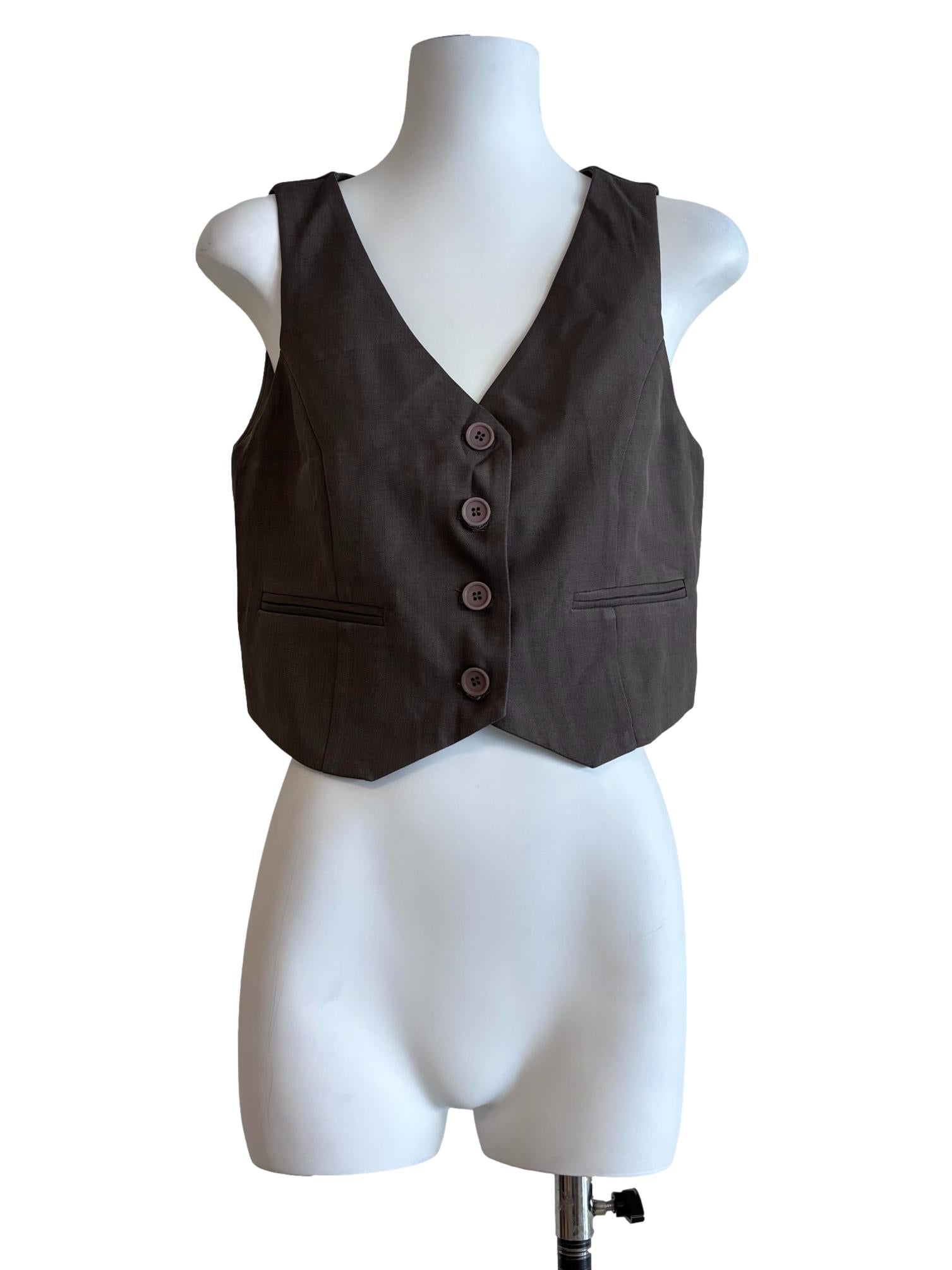 Taupe Brown Buttoned V-Neck Vest