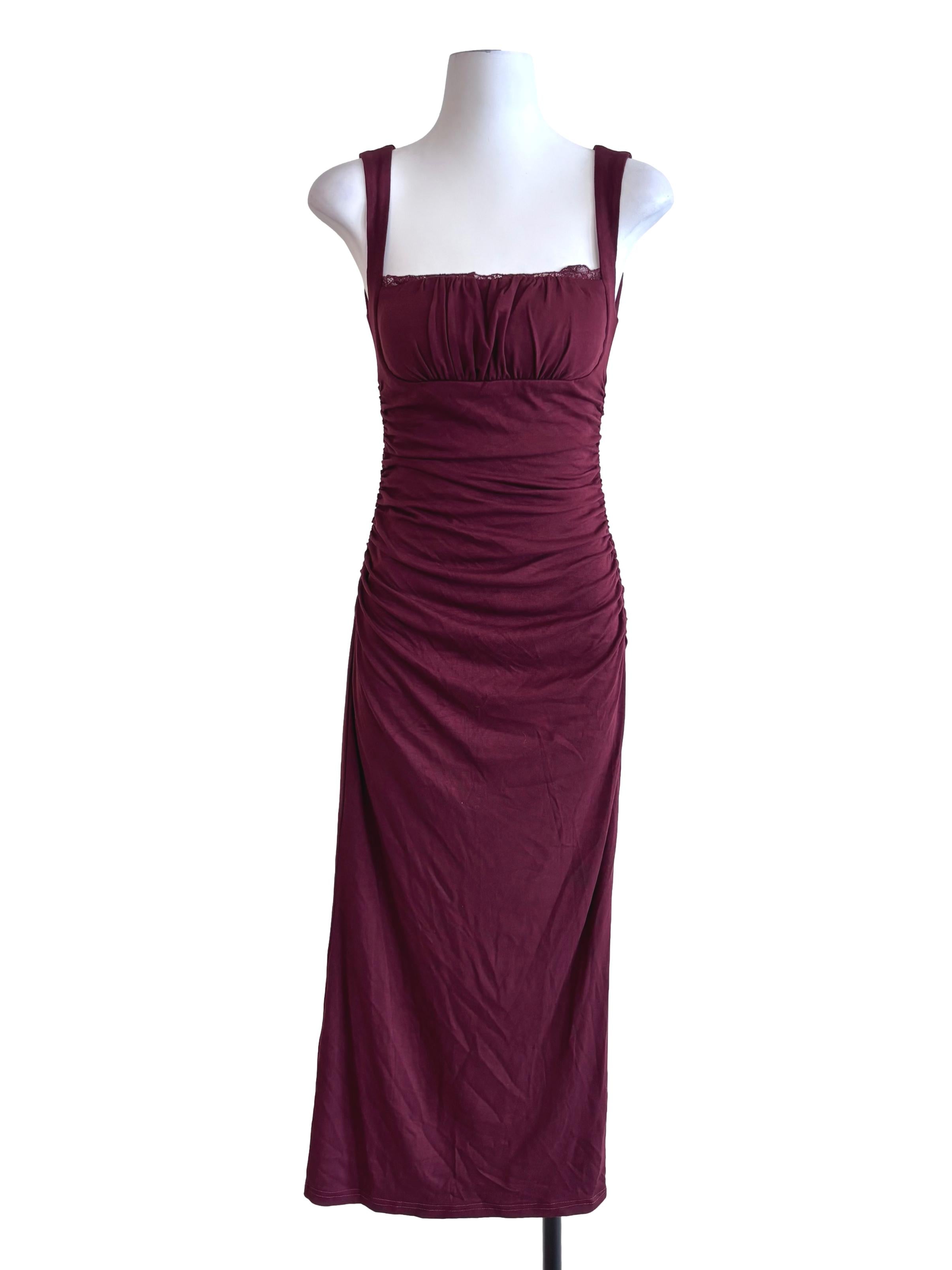 Burgundy Red Lace Hem Square Neck Ribbed Dress