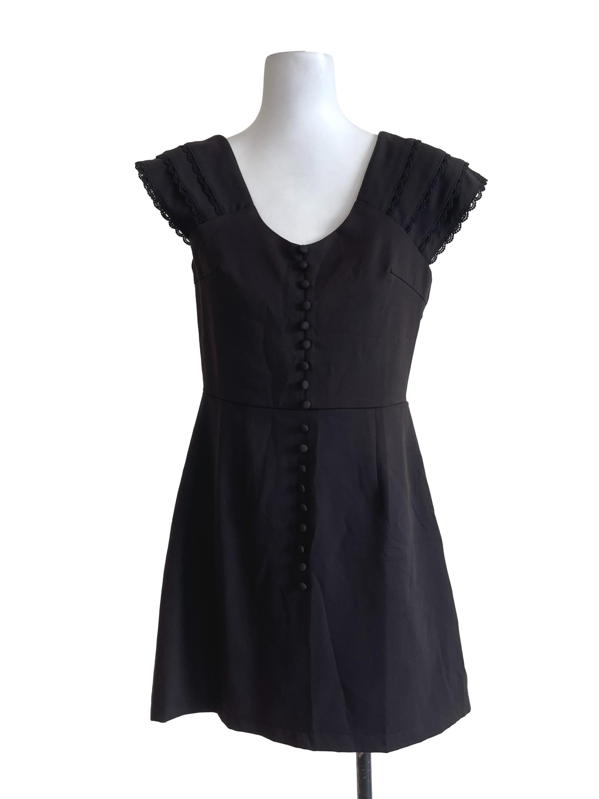 Black Buttoned Laced Sleeves Dress
