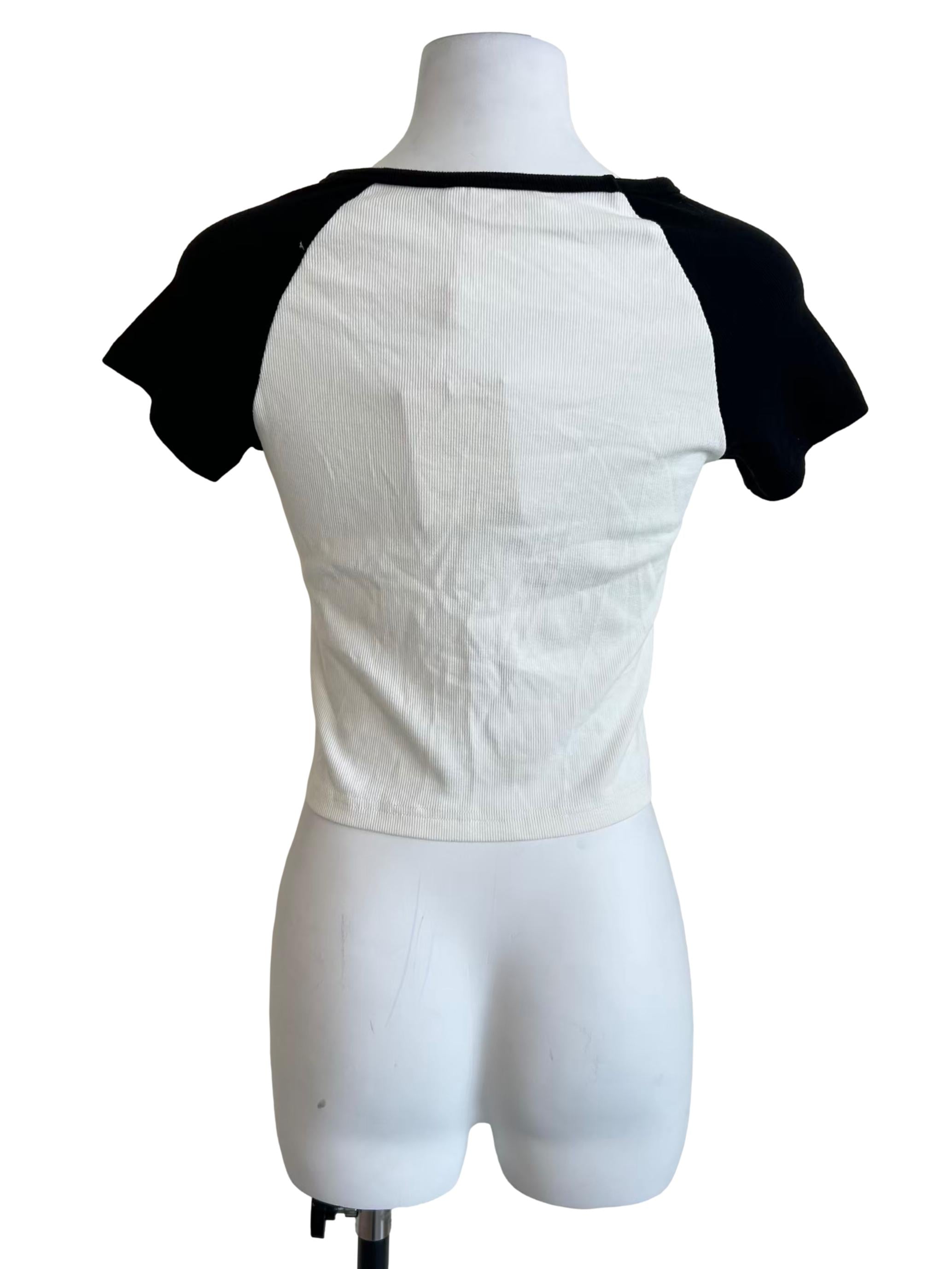 White & Black Raglan Sleeve Ringer Crop Tee