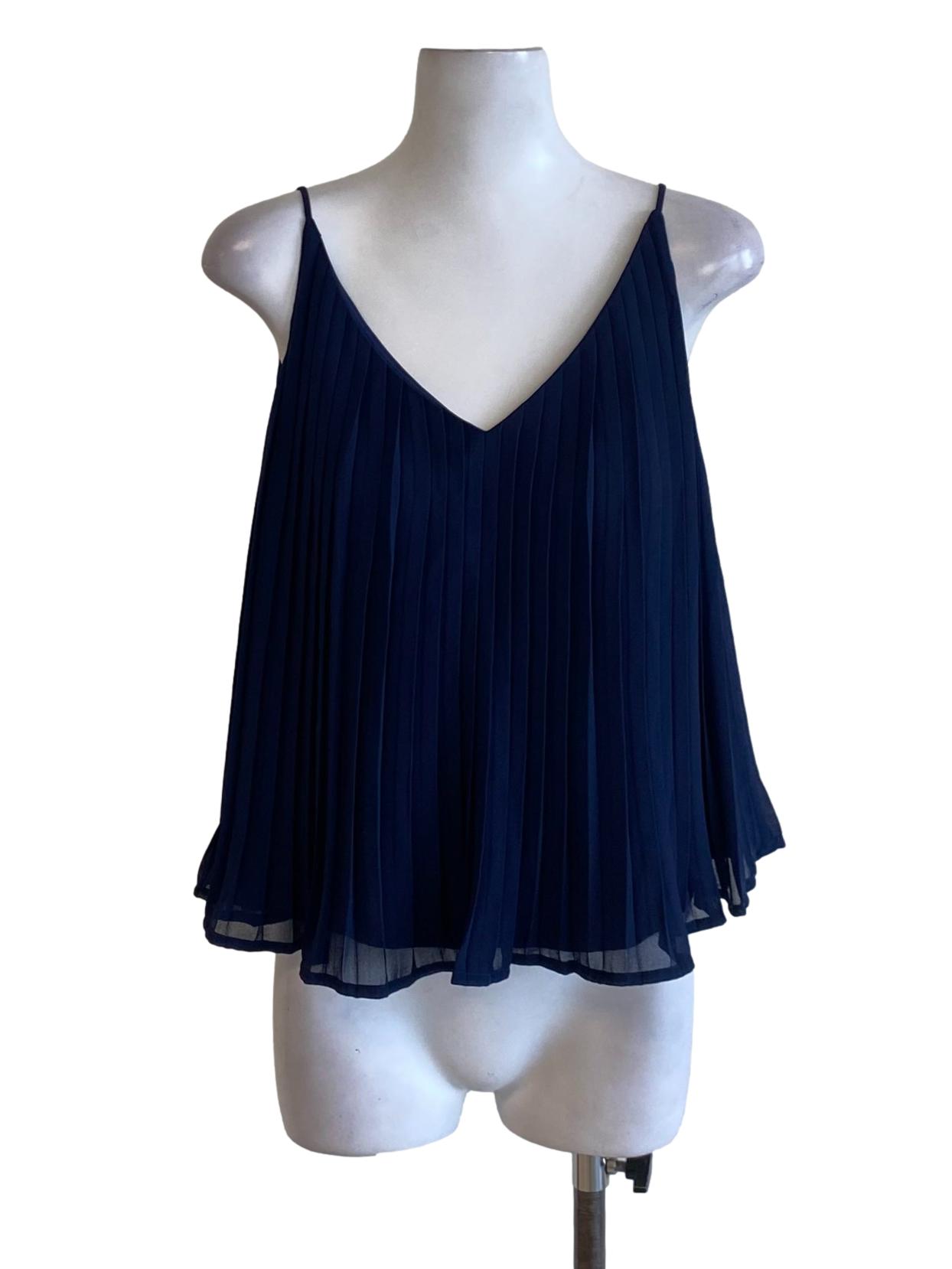 Navy Blue Pleated V-Neck Flowy Top