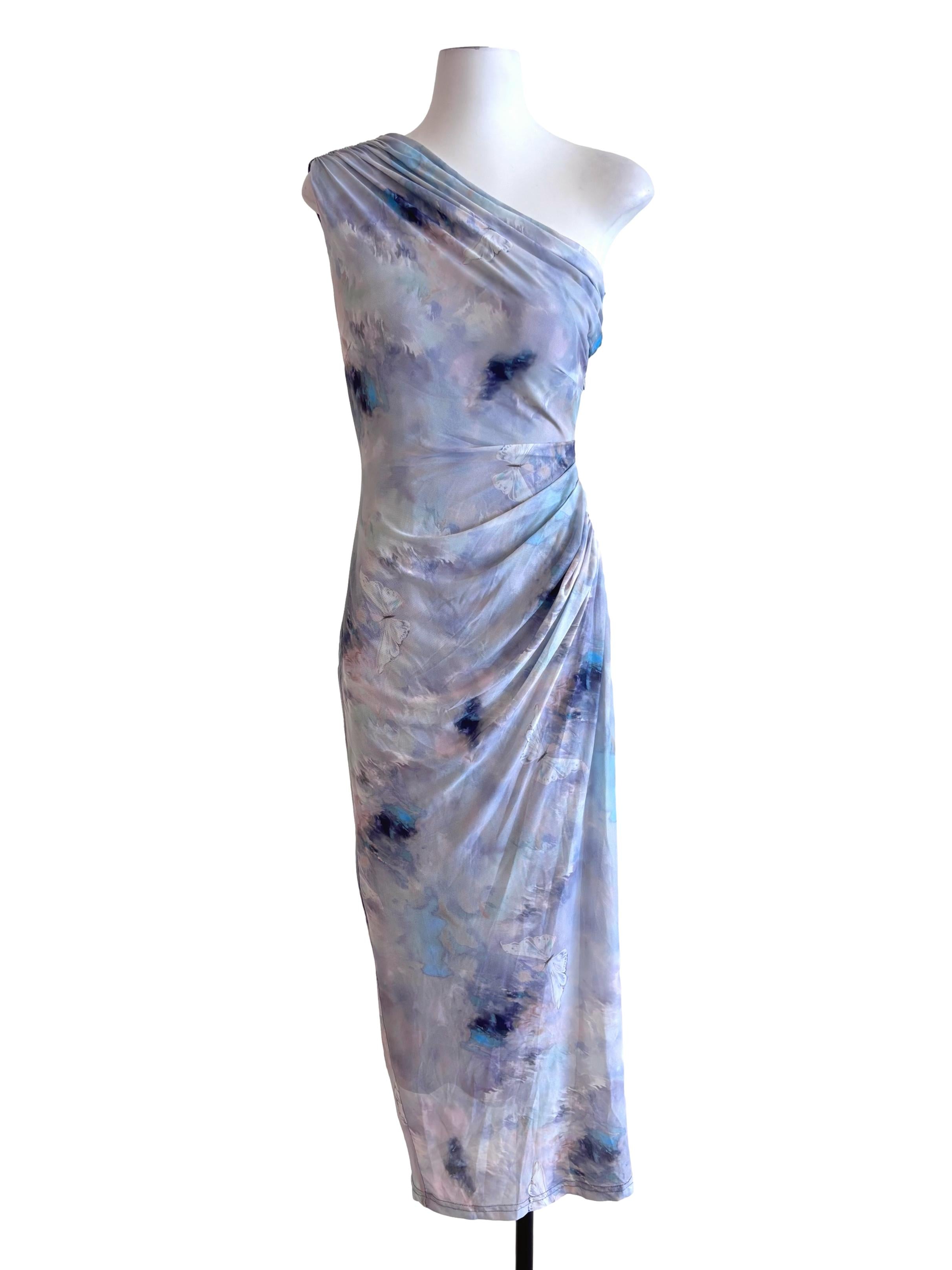 Cloud Purple Blue Asymmetric Neck Mesh Dress