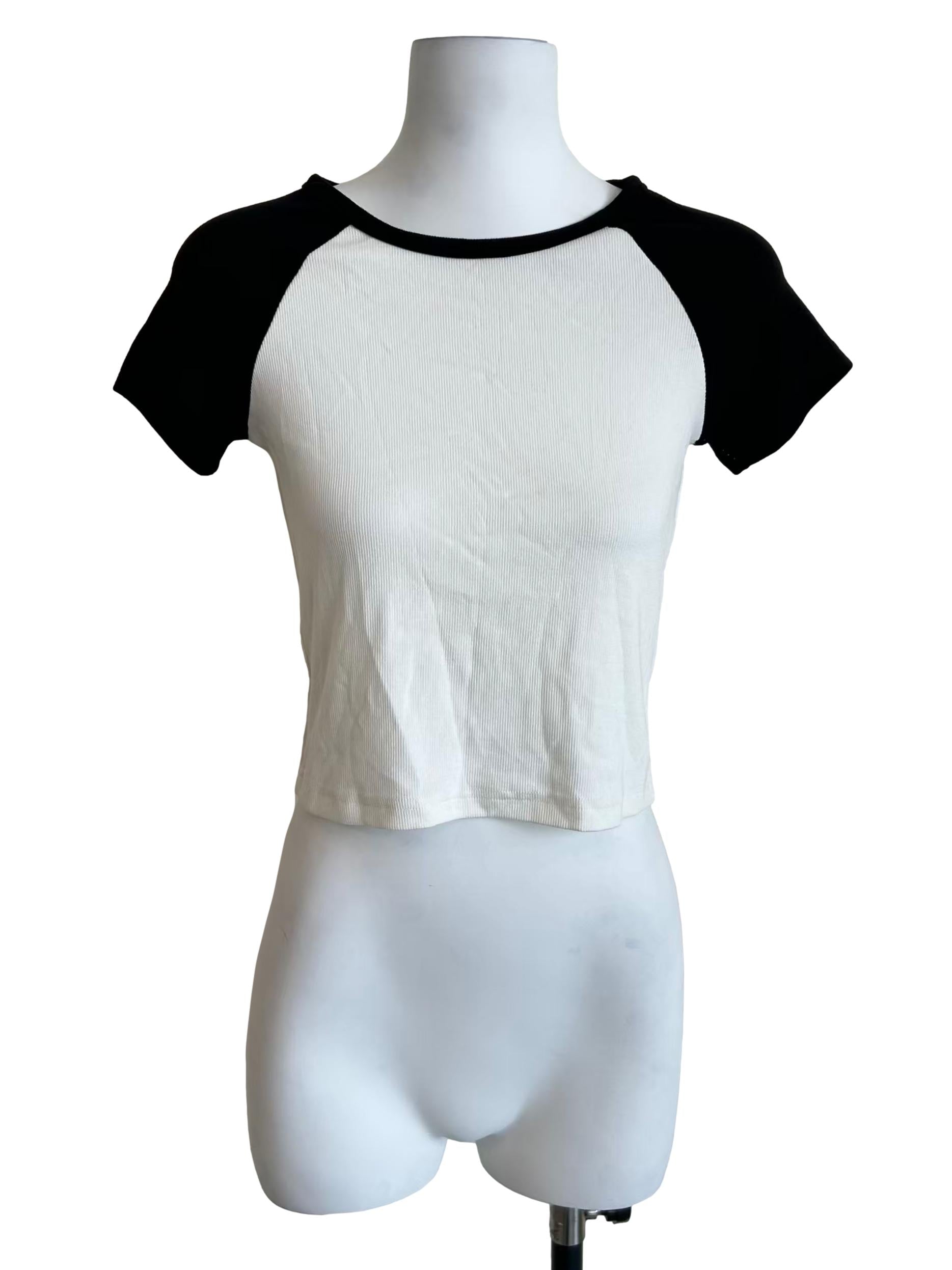White & Black Raglan Sleeve Ringer Crop Tee