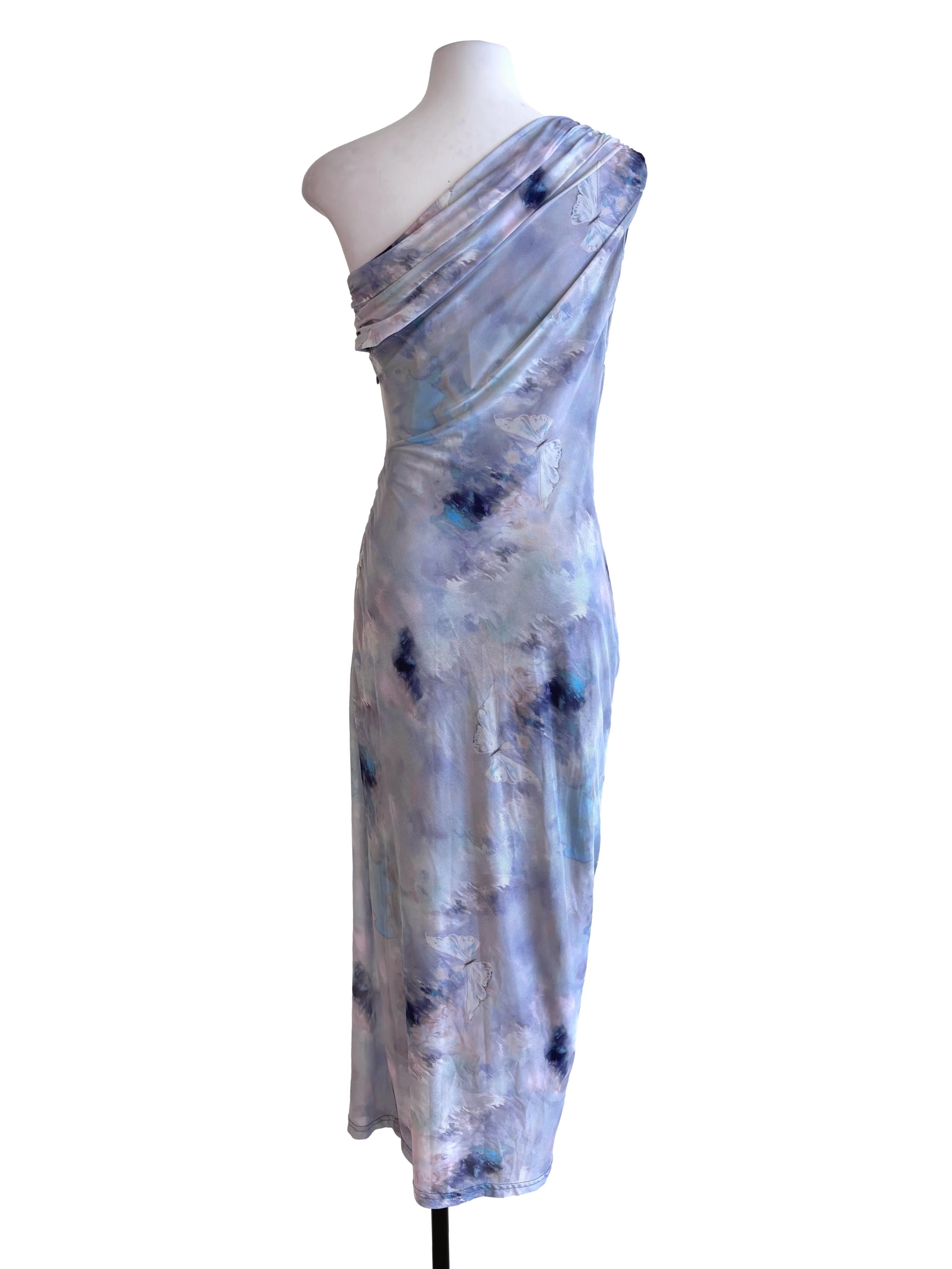 Cloud Purple Blue Asymmetric Neck Mesh Dress